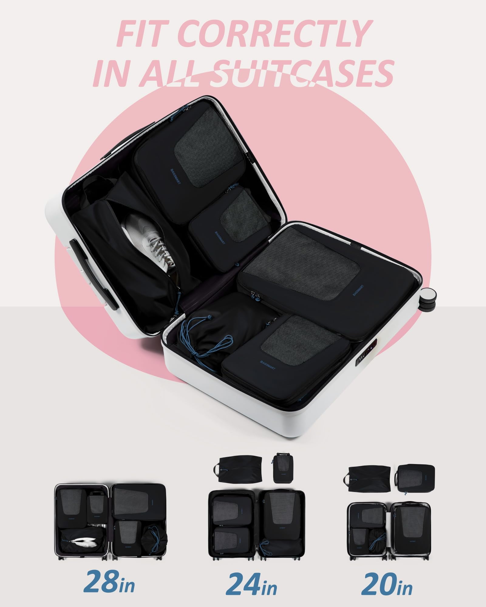 BAGSMART Compression Packing Cubes for Travel Luggage, 6 Piece Expandable Foldable Lightweight Suitcase Organizers Bags Set for Travel Accessories Essentials, Black