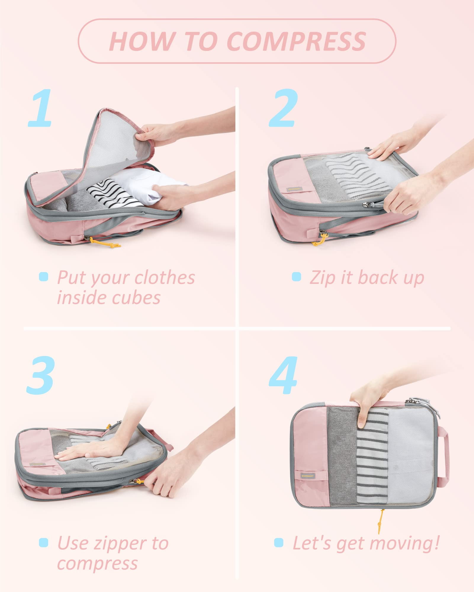 BAGSMART Compression Packing Cubes for Travel Luggage Organizers, 6 Set Expandable Foldable Lightweight Suitcase Storage Bags for Women Men, Travel Accessories Essentials, Baby Pink
