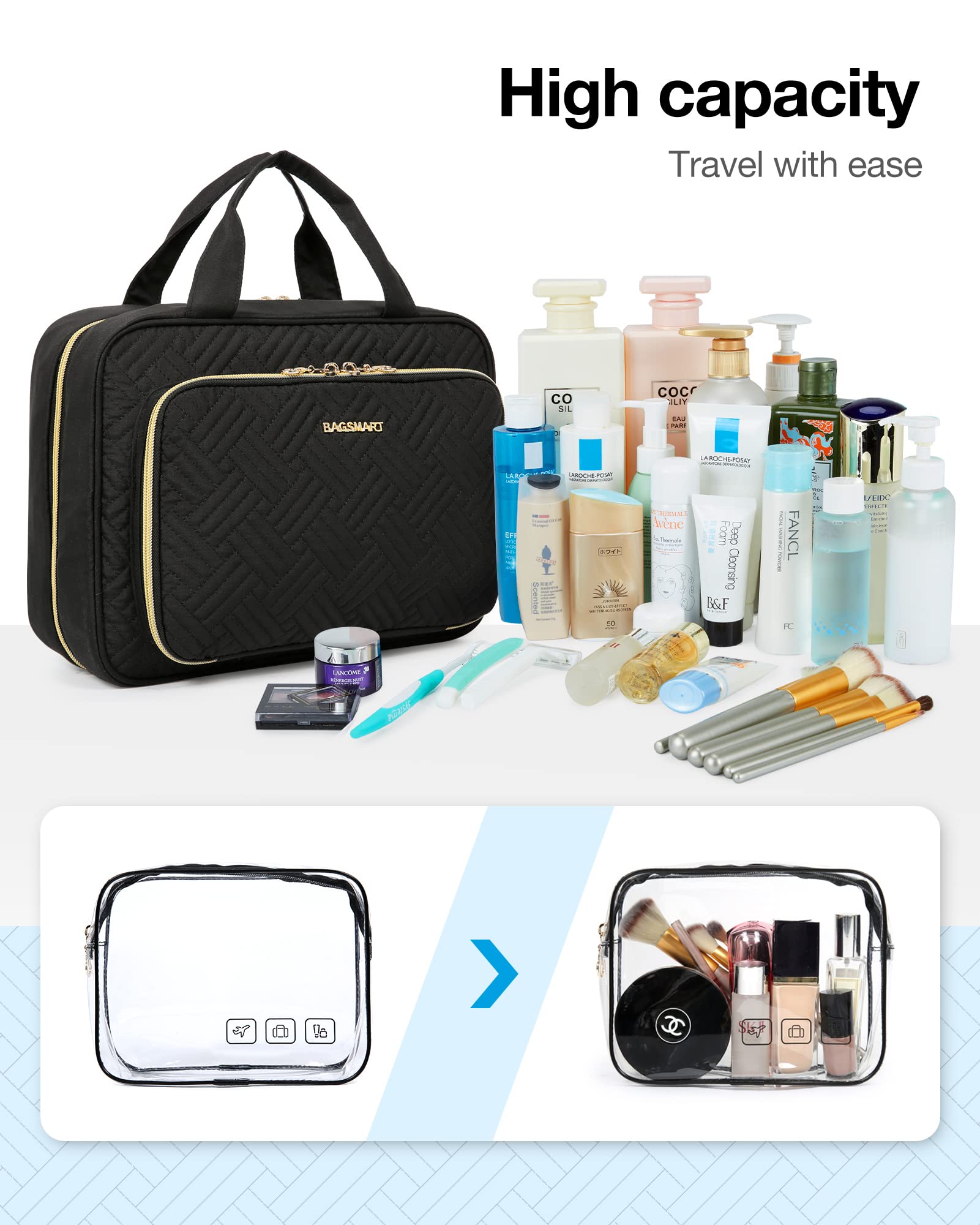 BAGSMART Travel Toiletry Bag Set with TSA Approved Transparent Cosmetic Makeup Bag, Hanging Travel Toiletries Organizer for Full Sized Accessories Essentials, Large Size, Black