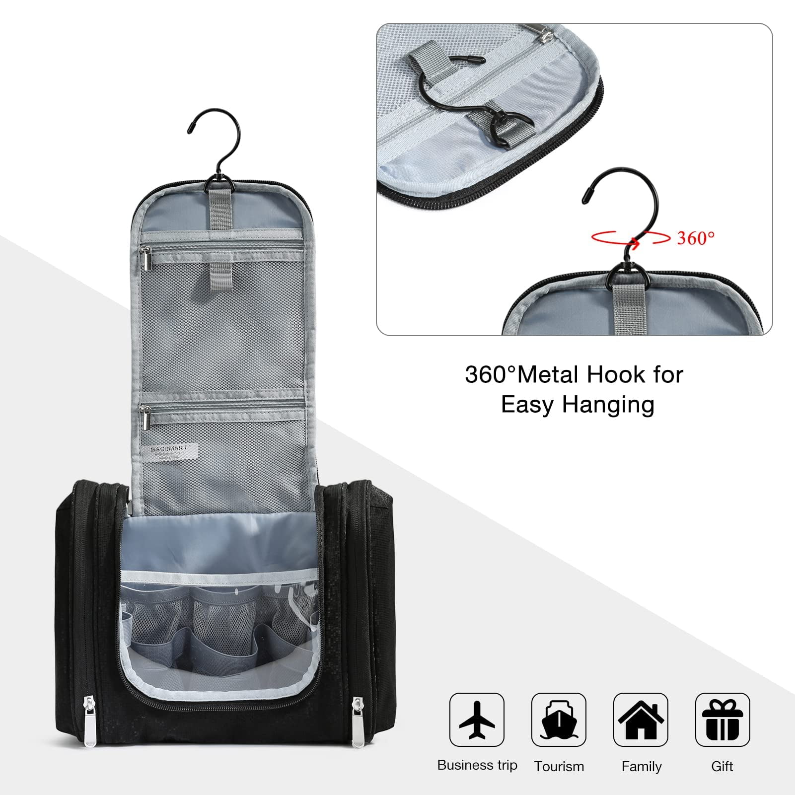 BAGSMART Extra Large Toiletry Bag Hanging Travel Makeup Cosmetic Bag, Water-resistant Large Capacity Travel Toiletries Organizer for Essentials, Women & Men, Black