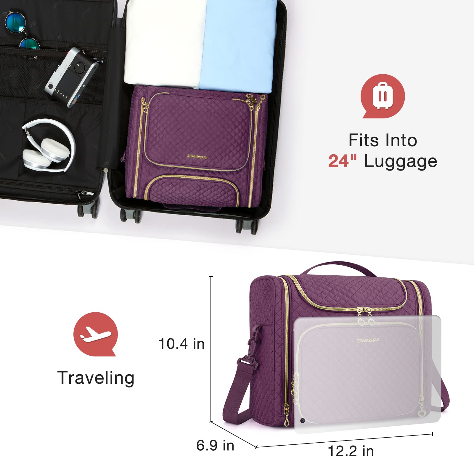 BAGSMART Large Capacity Travel Toiletry Bag, Water-resistant Makeup Cosmetic Bag with Hanging Hook, Travel Toiletries Accessories Organizer Essentials, Full Sized Container, Purple