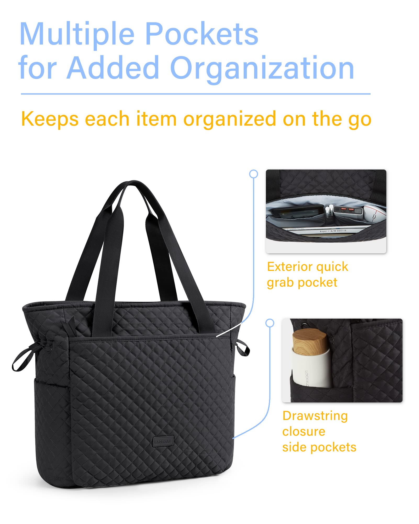 BAGSMART Large Tote Bag for Women, Fashion Shoulder Handbags Top Handle Ladies Purses, 25L Satchel Hobo Bag with Zipper for Work School Travel, Weekender Overnight Duffle Bag, Black