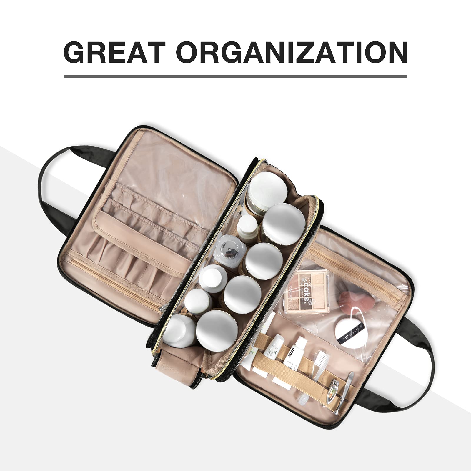 BAGSMART Large Size Travel Toiletry Bag Organizer, Water-resistant Makeup Cosmetic Bag for Toiletries Accessories Essentials, Shampoo, Full Sized Container, Women & Men, Black