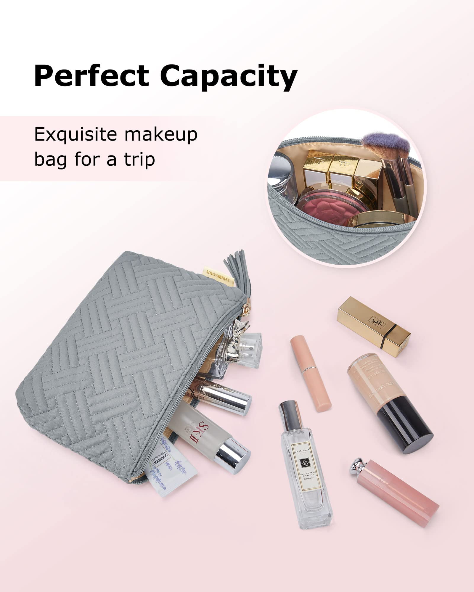 BAGSMART Makeup Bag Small Cosmetic Pouch Toiletry Bag Travel Organizer Case for Lipsticks Electonic Accessories, Waterproof, Portable, Multifunction, Women and Girls, 1 Pcs Gray