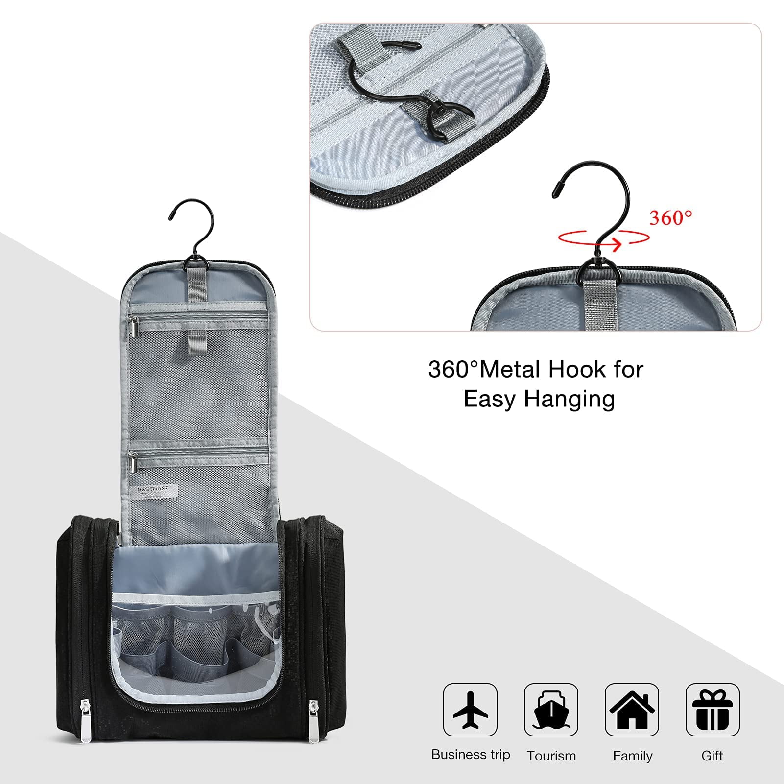 BAGSMART Extra Large Toiletry Bag Hanging Travel Makeup Cosmetic Bag, Water-resistant Large Capacity Travel Toiletries Organizer for Essentials, Women & Men, Medium Size-Black