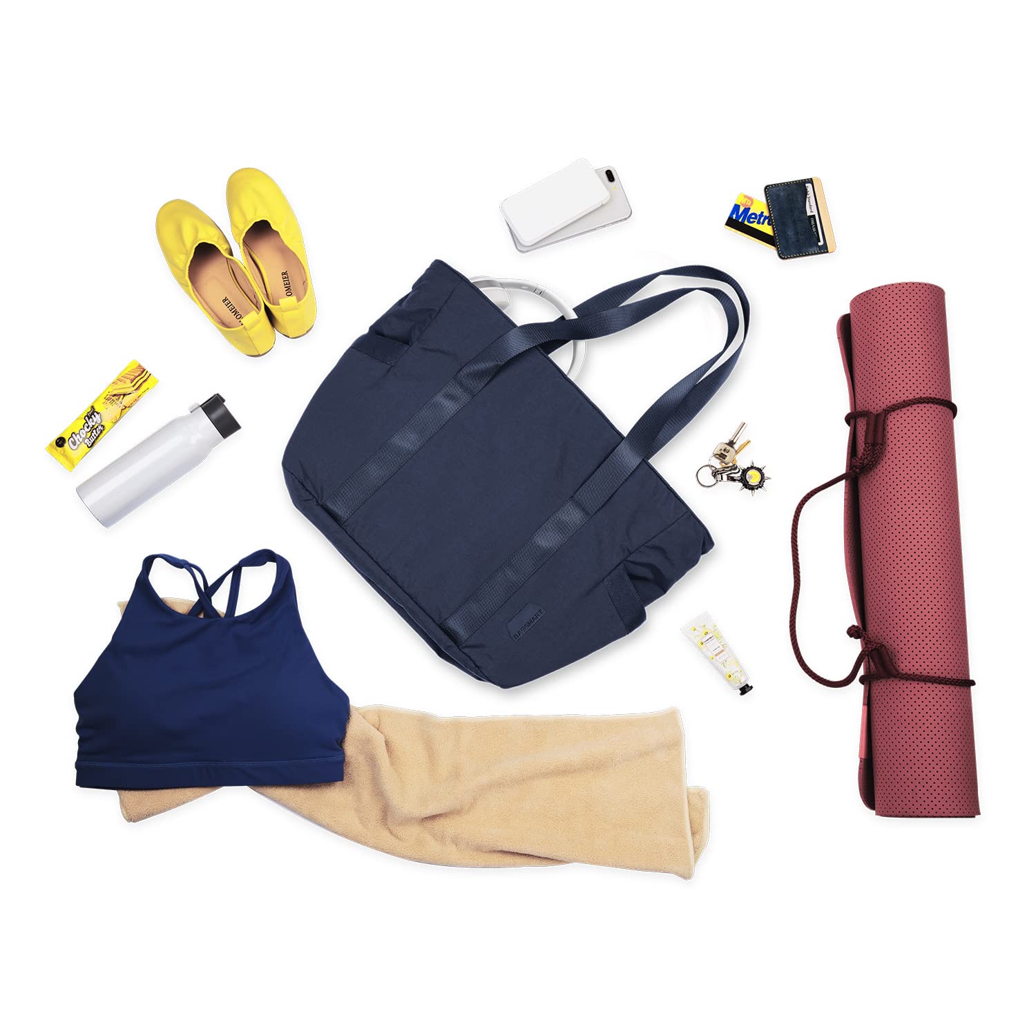 BAGSMART Tote Bag for Women Shoulder Handbags Yoga Mat Bag, Travel Duffel Bag Gym Bag Weekender Overnight Bag for Sports School Work, Multipurpose, Navy Blue