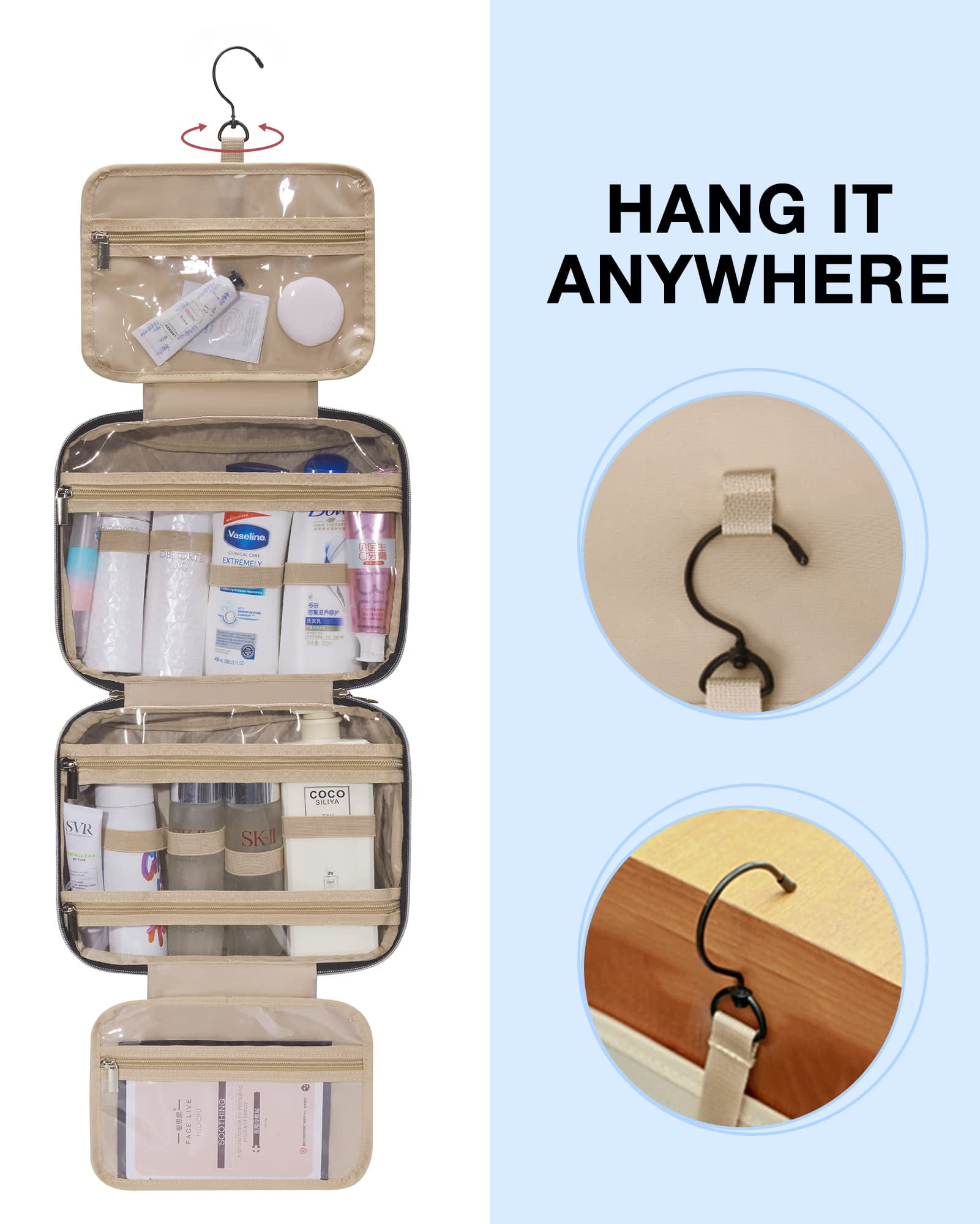 BAGSMART Large Toiletry Bag Travel Bag with Hanging Hook, Makeup Cosmetic Bag Travel Toiletries Organizer for Women Men, Water-resistant Full Sized Container, Blue Paisley