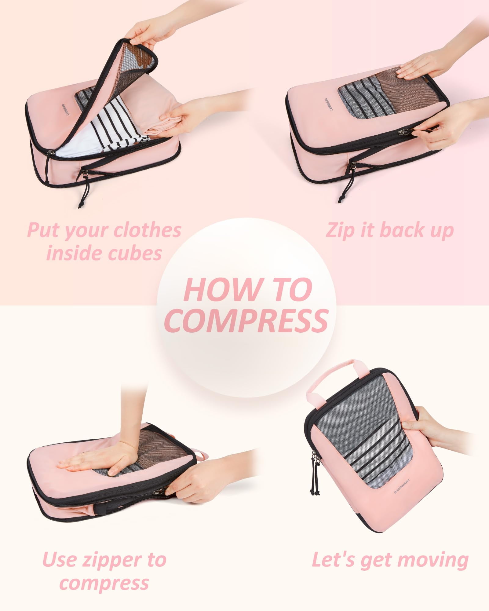 BAGSMART Set of 6 Compression Packing Cubes for Travel, Packing Organizers for Suitcases, Luggage Storage Bags Sets with Shoe & Laundry Bag, Expandable Foldable Lightweight, Baby Pink