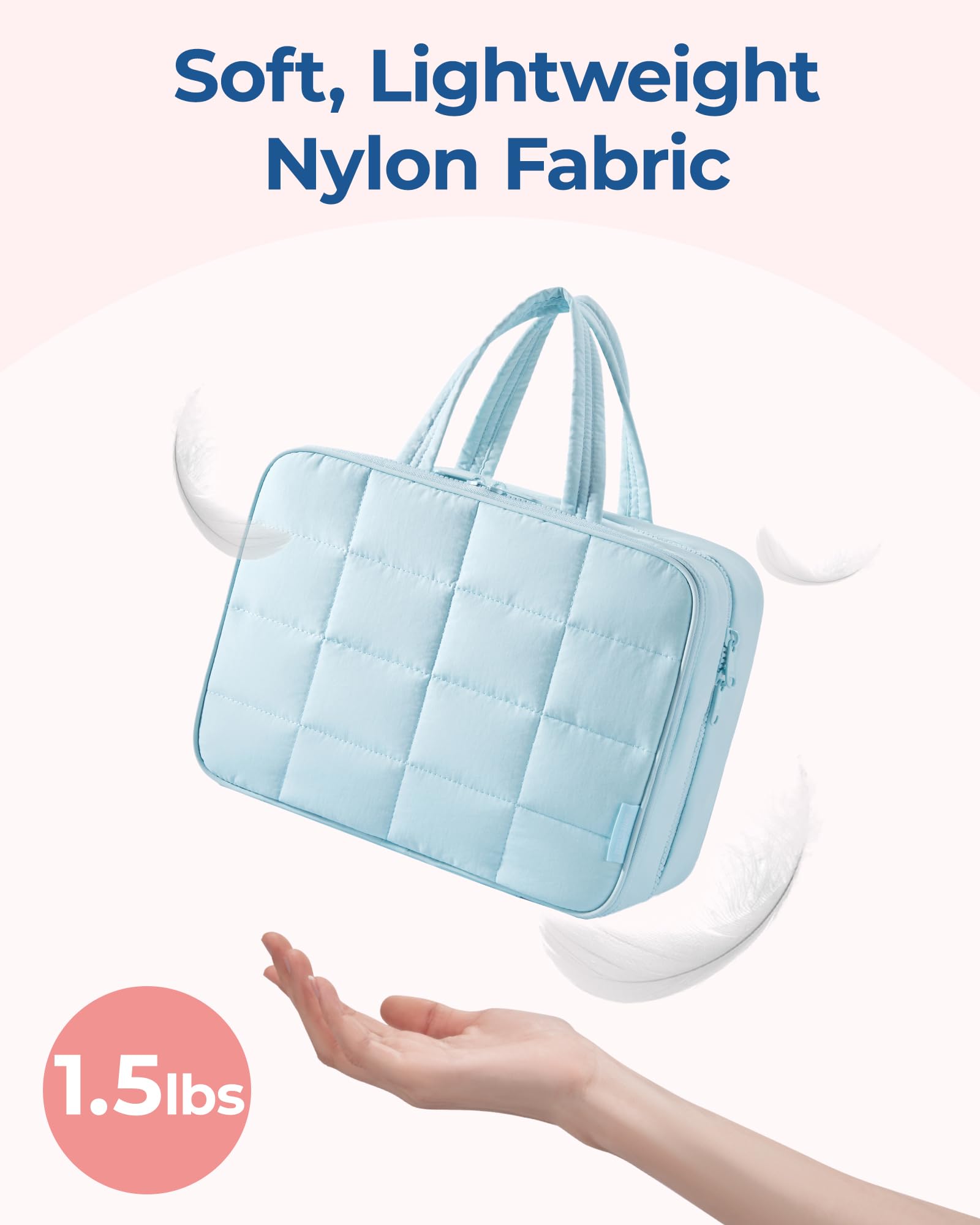 BAGSMART Travel Toiletry Bag with Jewelry Organizer, Puffy Makeup Cosmetic Bag with Hanging Hook for Toiletries Accessories Essentials, Women & Men, Large Size-Light Blue