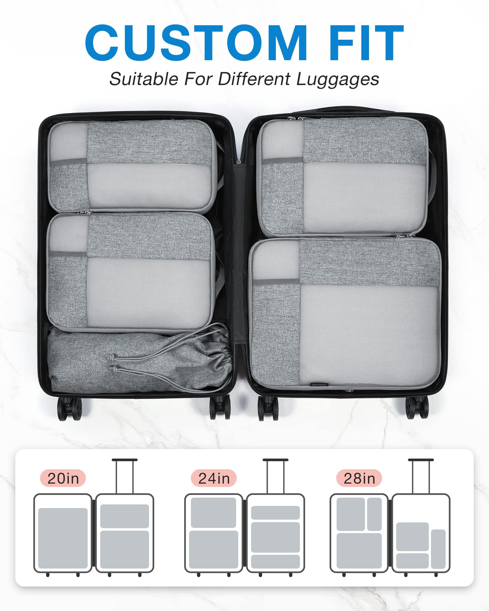 BAGSMART Compression Packing Cubes for Travel, 6 Set Expandable Foldable Lightweight Luggage Suitcase Organizers Storage Bags for Travel Accessories Essentials, Gray