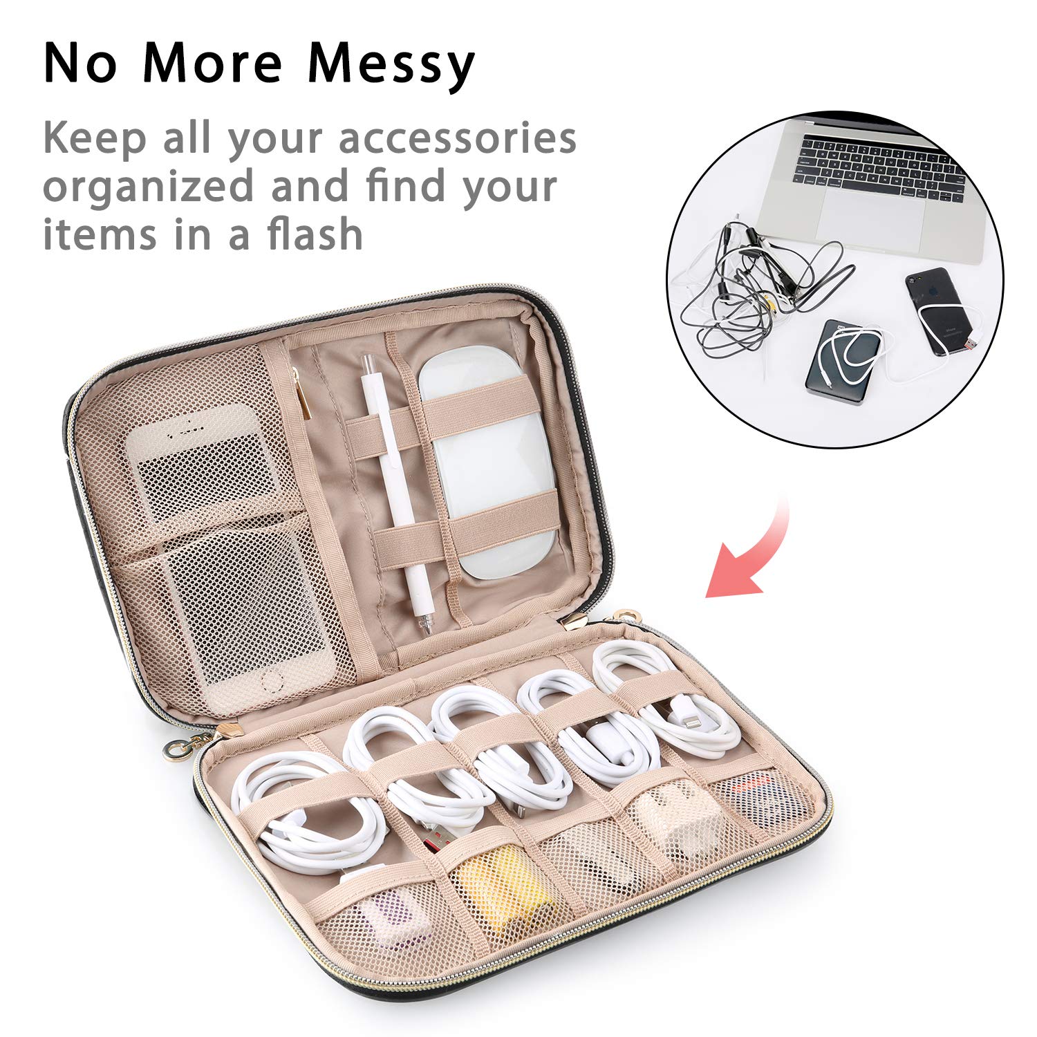 BAGSMART Travel Cable Organizer Bag Electronics Organizer Case, Waterproof Undeformable Portable Cable Storage Pouch for Electronics Accessories, Phone, Hard Drives, Cord, Charger, USB, SD Card, Black