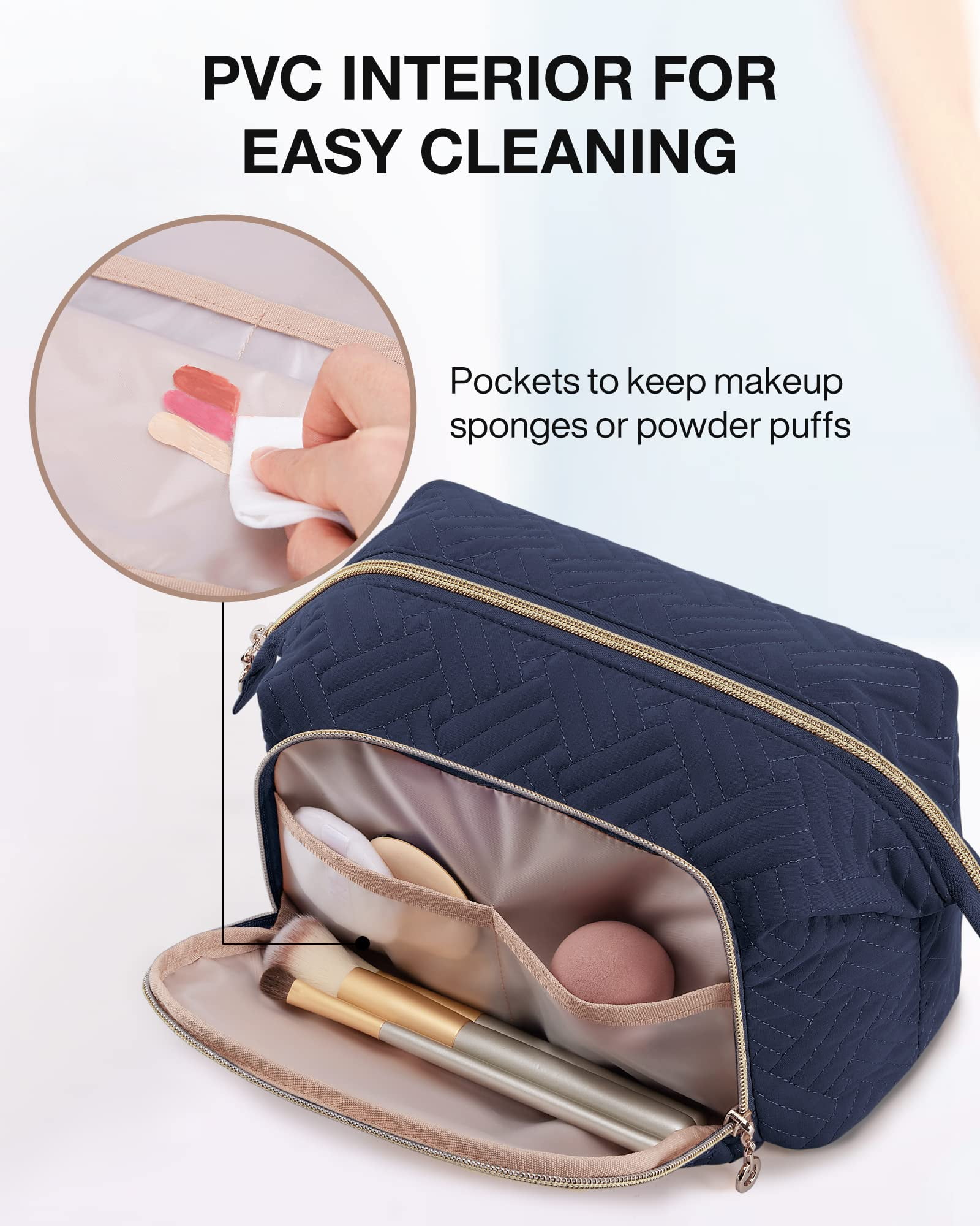 BAGSMART Large Size Makeup Bag Cosmetic Pouch, Travel Toiletry Bag Organizer Case for Lipsticks Electonic Accessories, Waterproof, Portable, Multifunction, Women and Girls, Dark Blue