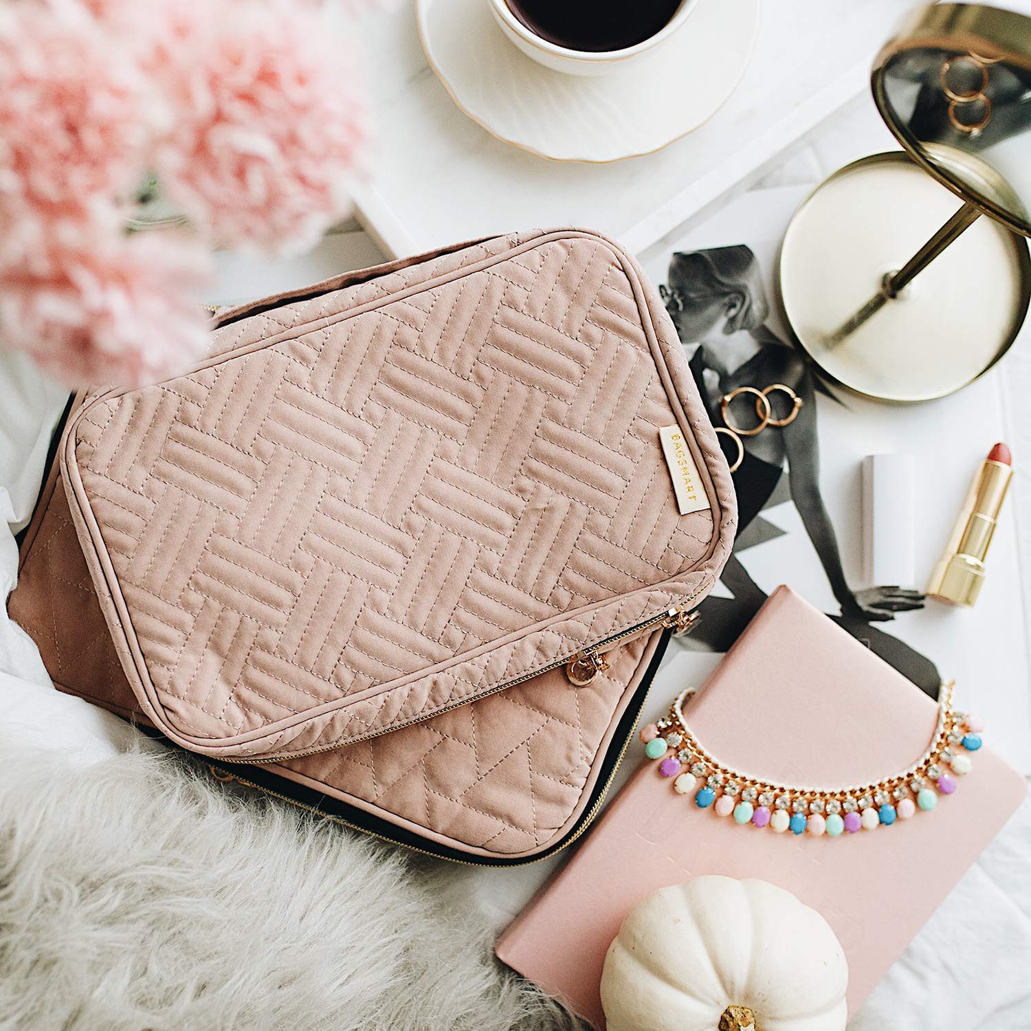 BAGSMART Jewelry Organizer Case Box Travel Jewelry Storage Bag for Earrings, Journey-Rings, Necklaces, Bracelets, Brooches, Basic Size, Soft Pink