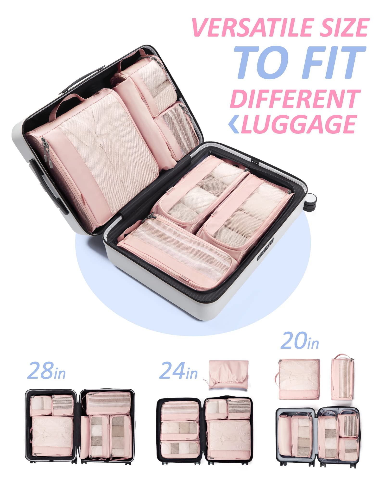 BAGSMART Packing Cubes for Luggage, 7 Set Keep Shape Travel Packing Organizers, Lightweight Suitcase Storage Bags for Travel Accessories with Shoe Bag for Women Men, Baby Pink