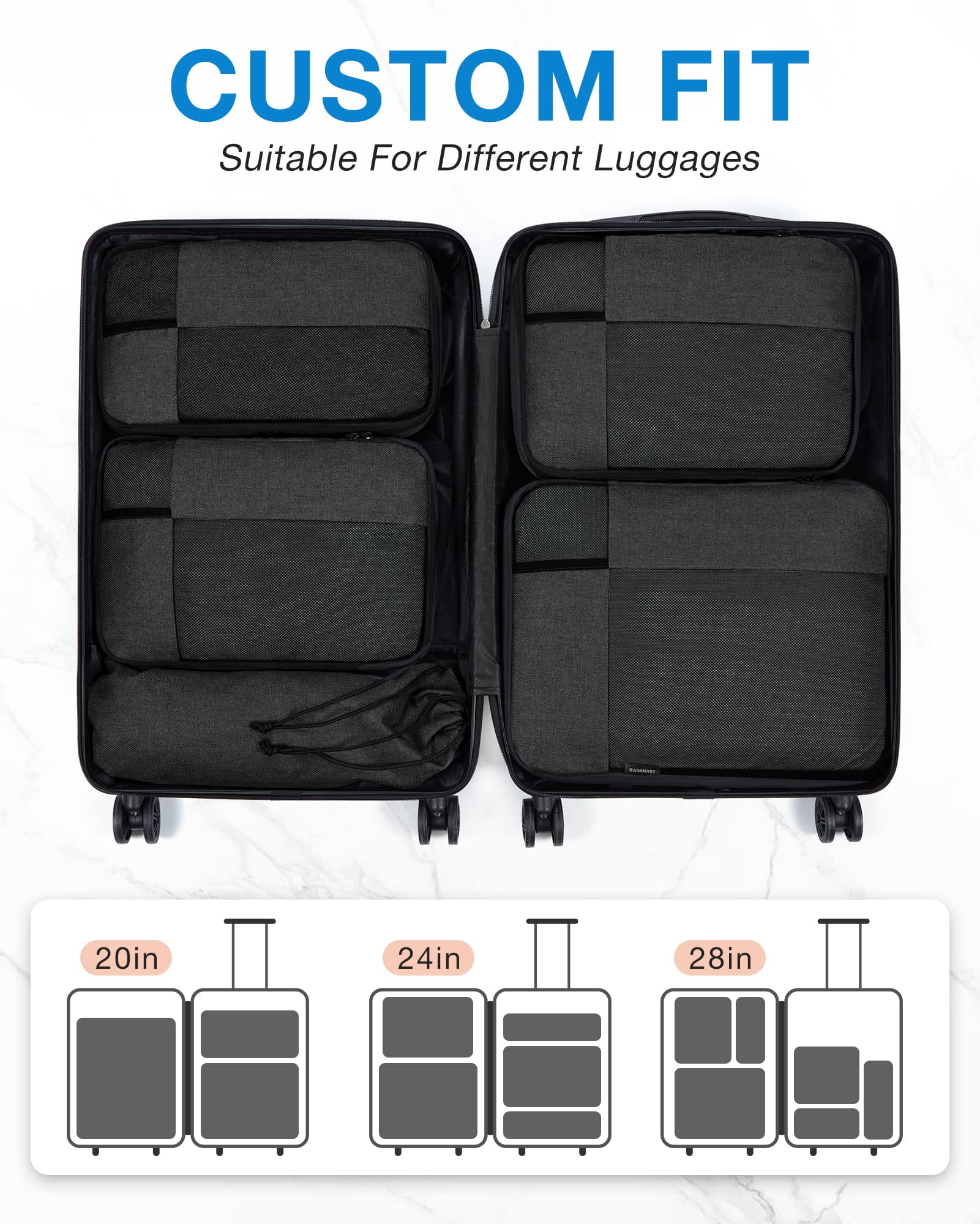 BAGSMART Compression Packing Cubes for Travel, 6 Set Expandable Foldable Lightweight Luggage Suitcase Organizers Storage Bags for Travel Accessories Essentials, Black