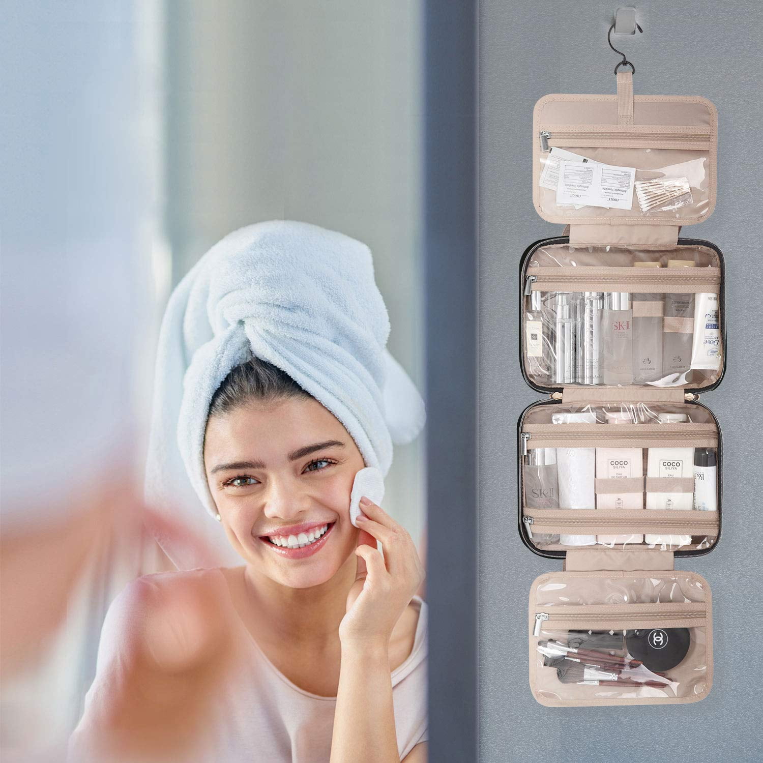 BAGSMART Large Toiletry Bag Travel Bag with Hanging Hook, Makeup Cosmetic Bag Travel Toiletries Organizer for Women Men, Water-resistant Full Sized Container, Black White Dots