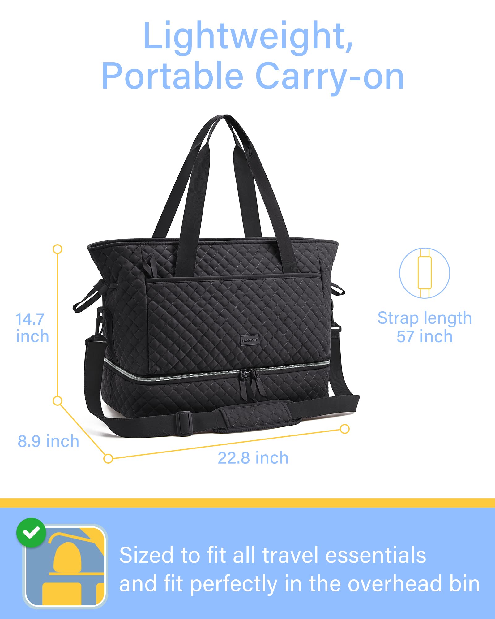 BAGSMART Weekender Overnight Bag for Women Tote Bag, 39L Large Travel Duffle Bag Carry On Gym Bag with Luggage Sleeve and Shoe Compartment, Ladies Shoulder Handbags Top Handle Purses, Black