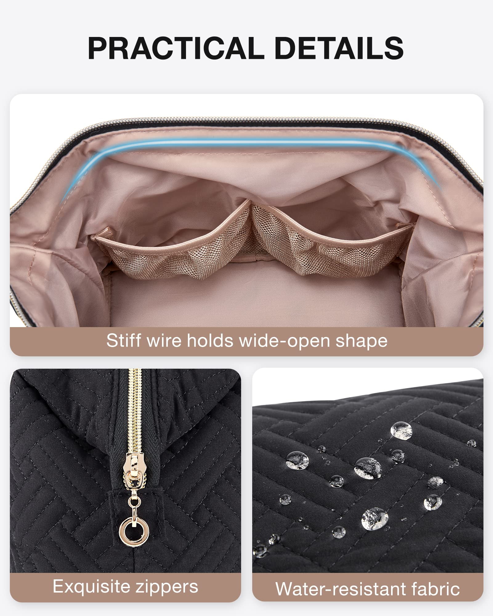 BAGSMART Makeup Bag Cosmetic Pouch, Large Capacity Travel Toiletry Bag Organizer Case for Lipsticks Electonic Accessories, Waterproof, Portable, Multifunction, Women and Girls, Basic-Black