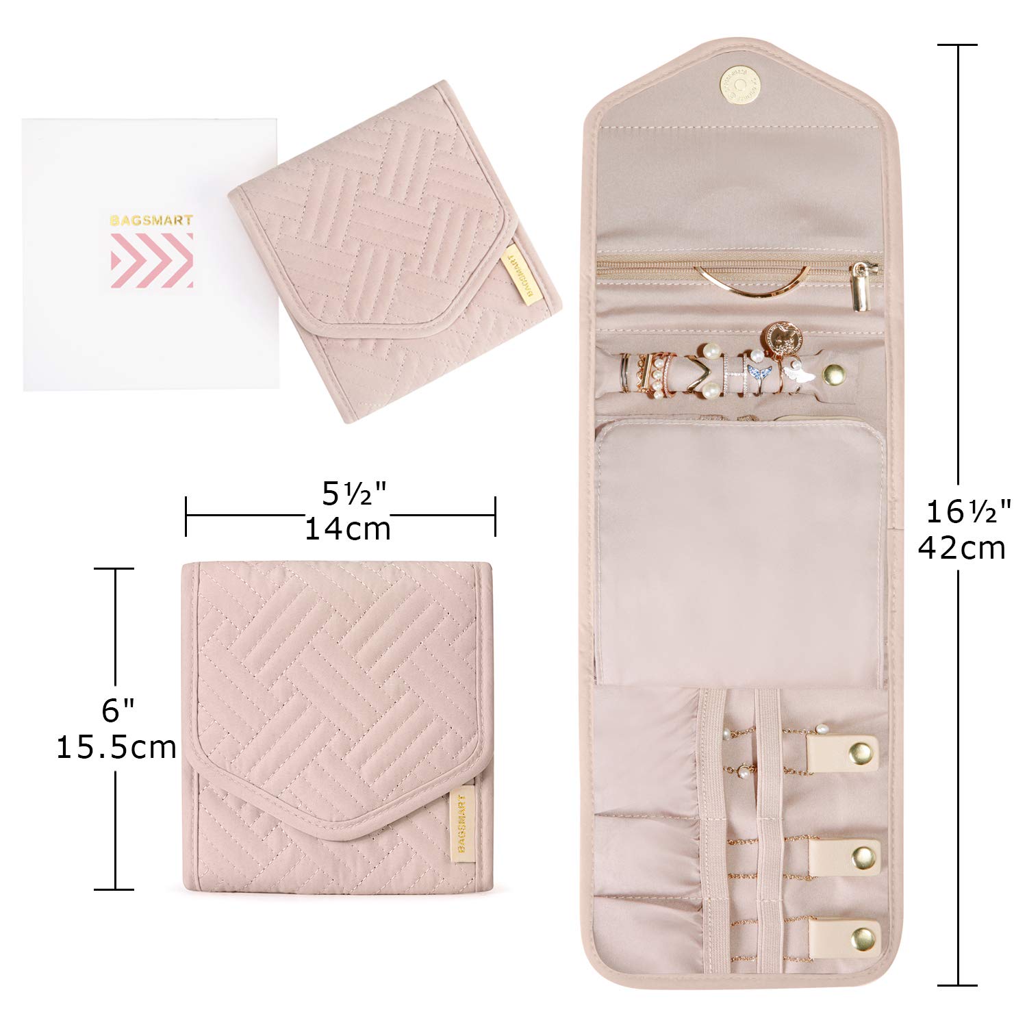 BAGSMART Travel Jewelry Organizer Storage Roll Foldable Jewelry Case Bag for Earrings, Journey-Rings, Necklaces, Bracelets, Brooches, Basic Size, Soft Pink