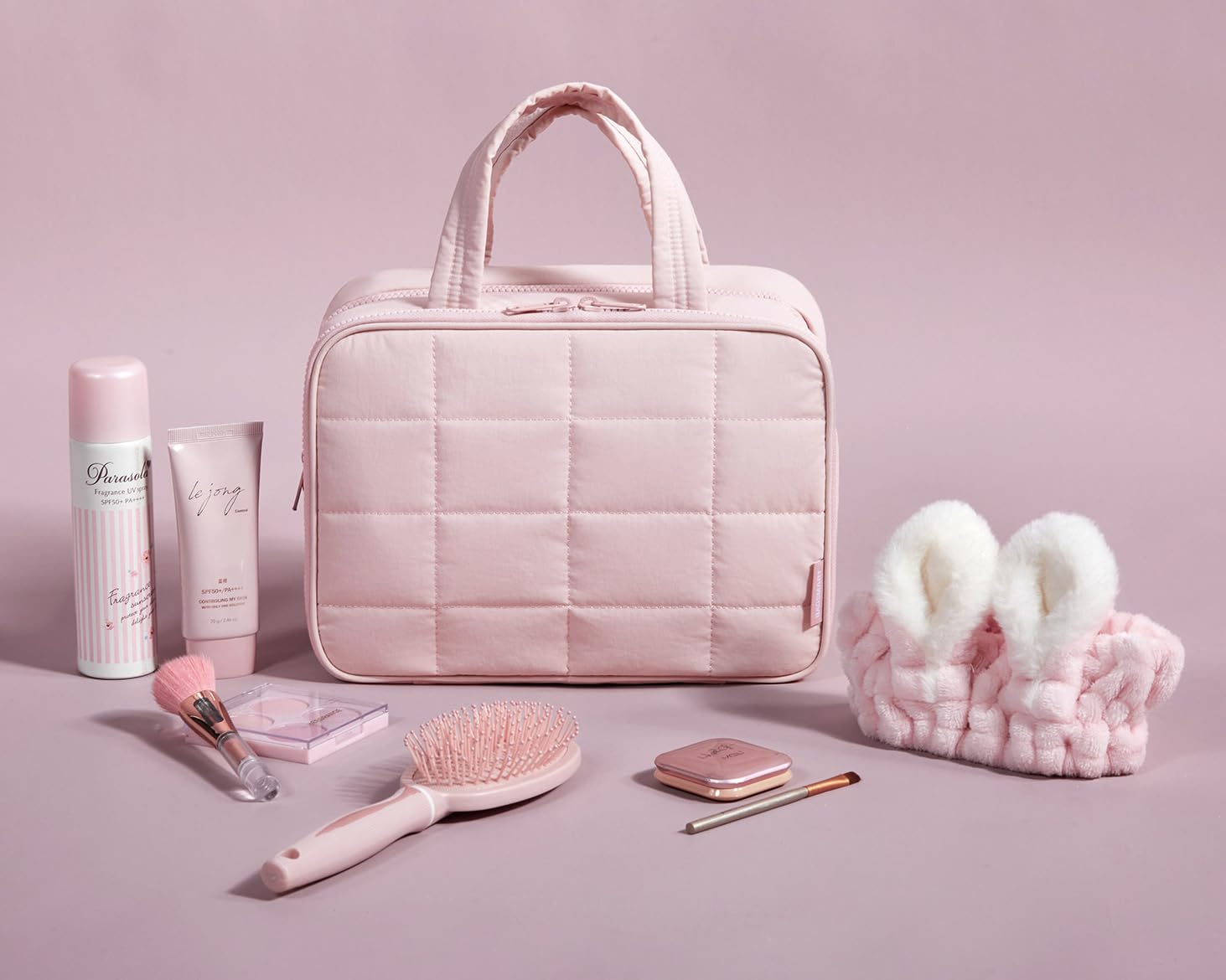 BAGSMART Travel Toiletry Bag with Jewelry Organizer, Puffy Makeup Cosmetic Bag with Hanging Hook for Toiletries Accessories Essentials, Women & Men, Large Size-Pink