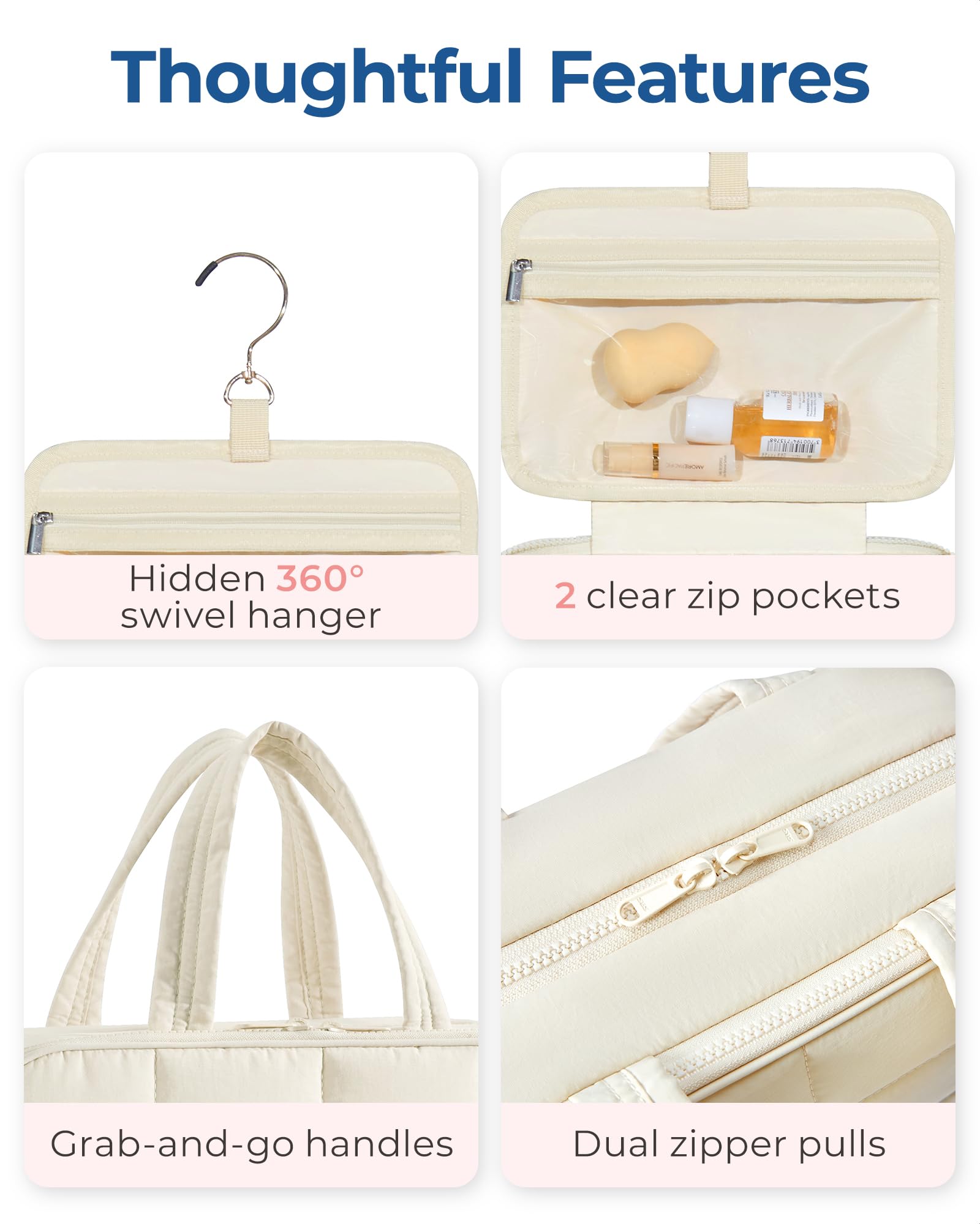 BAGSMART Travel Toiletry Bag with Jewelry Organizer, Puffy Makeup Cosmetic Bag with Hanging Hook for Toiletries Accessories Essentials, Women & Men, Large Size-Beige