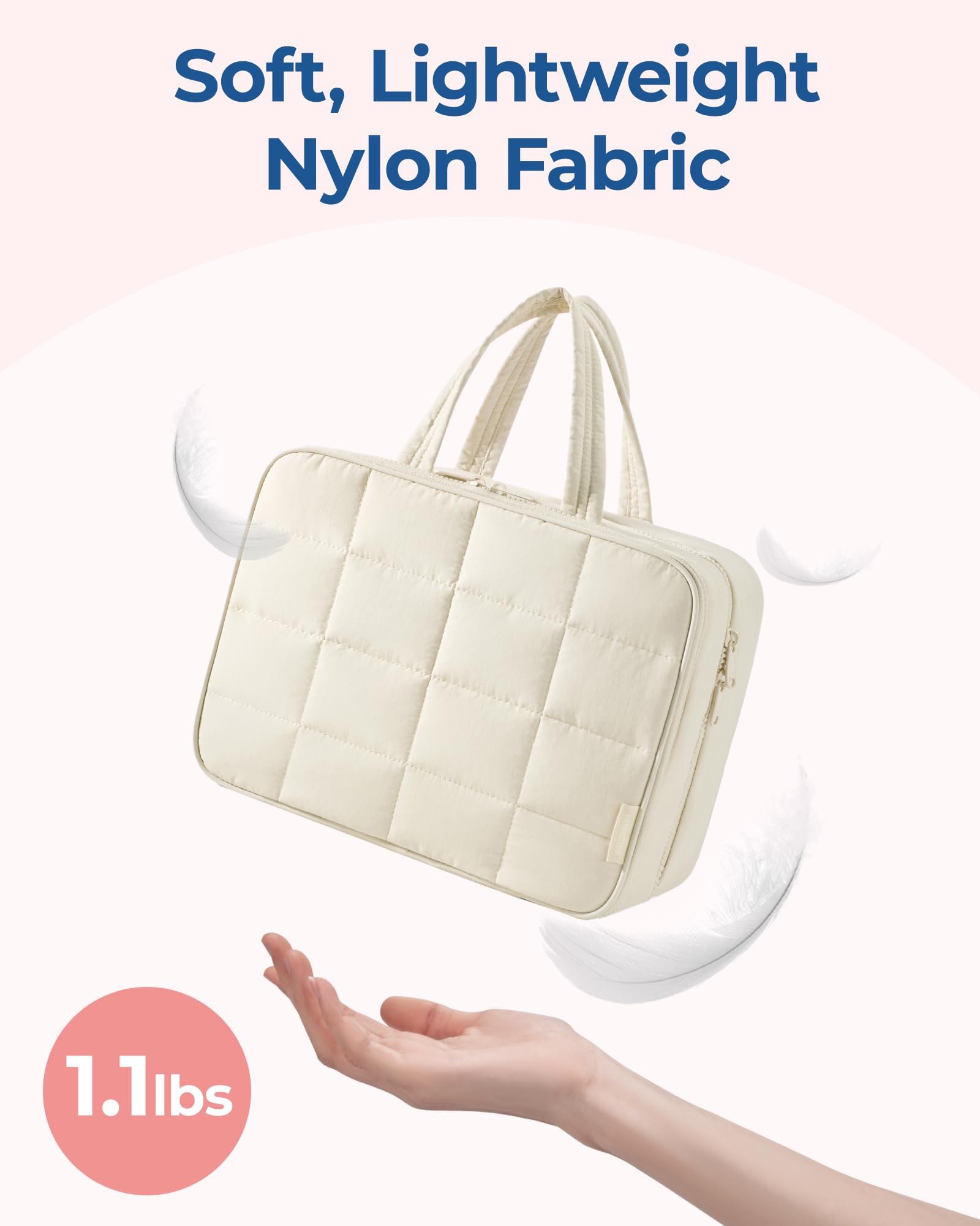 BAGSMART Travel Toiletry Bag with Jewelry Organizer, Puffy Makeup Cosmetic Bag with Hanging Hook for Toiletries Accessories Essentials, Women & Men, Large Size-Beige