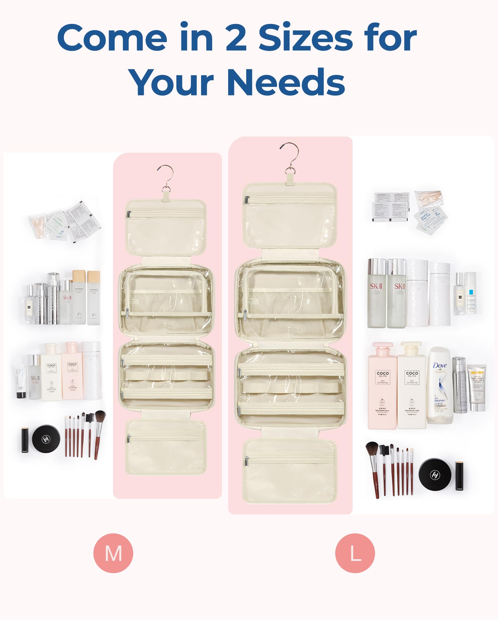 BAGSMART Travel Toiletry Bag with Jewelry Organizer, Puffy Makeup Cosmetic Bag with Hanging Hook for Toiletries Accessories Essentials, Women & Men, Large Size-Beige