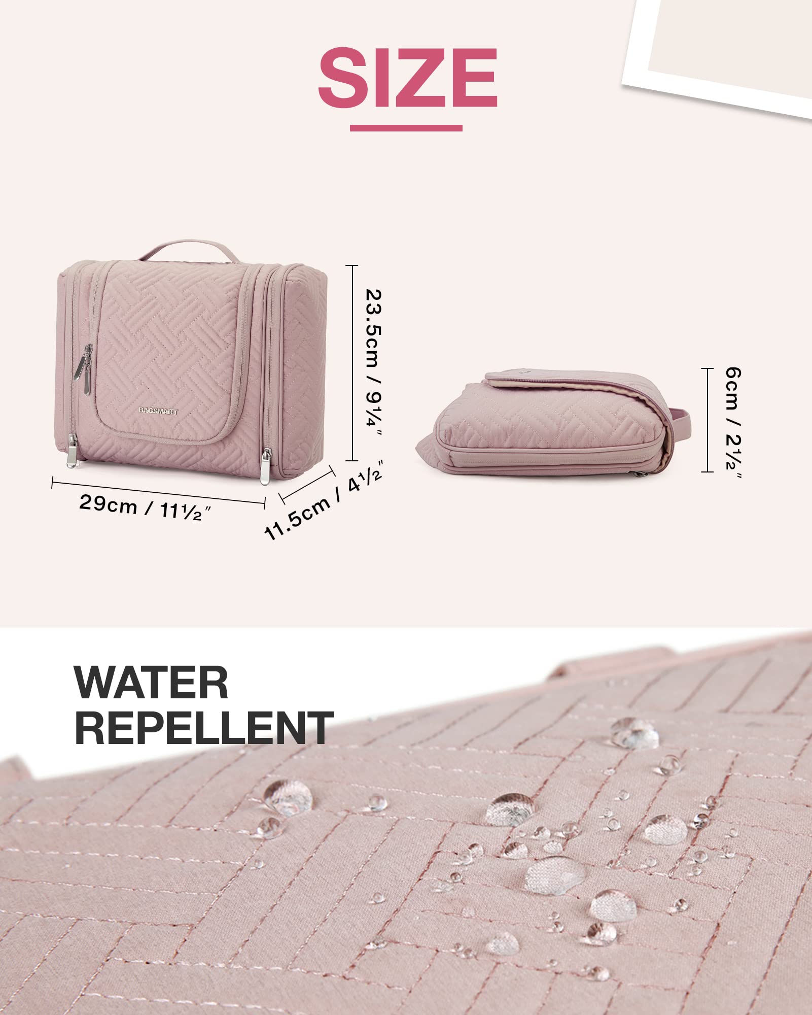BAGSMART Full Sized Travel Toiletry Bag, Water-resistant Cosmetic Makeup Bag with Hanging Hook, Large Capacity Travel Toiletries Organizer Accessories Essentials for Women & Men, Pink