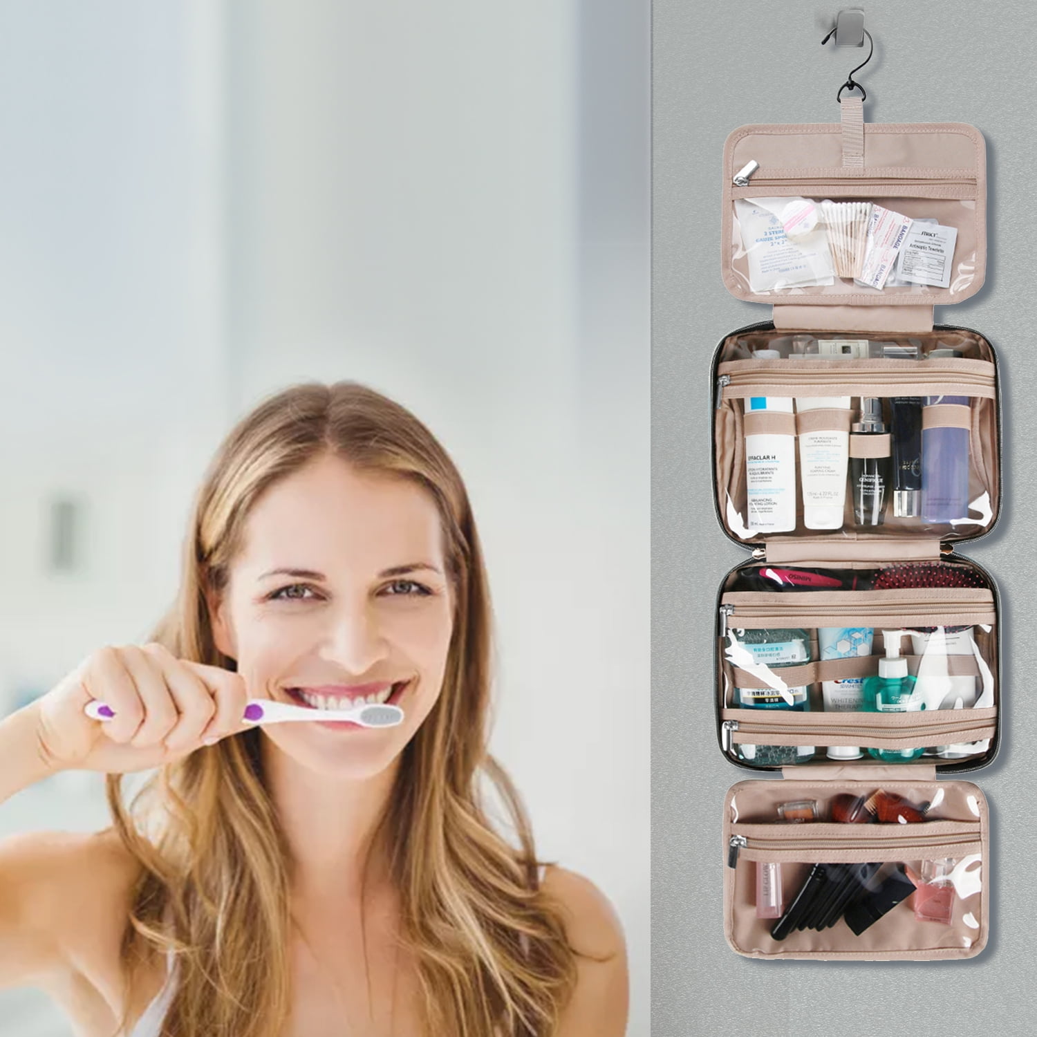 BAGSMART Full Size Toiletry Bag, Makeup Cosmetic Bag with Hanging Hook, Water-resistant Travel Organizer Bag for Women, Pink