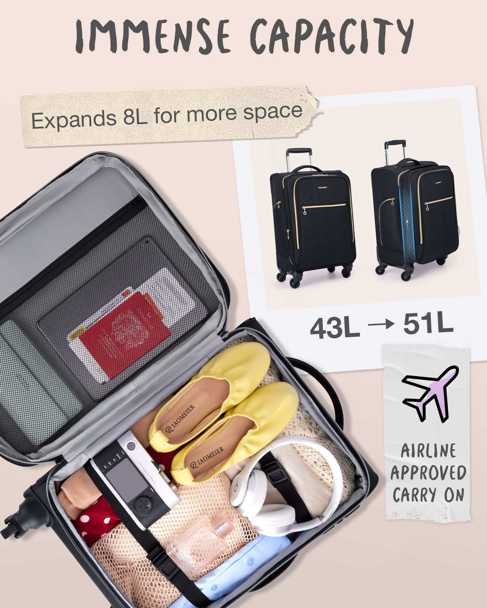 BAGSMART Softside Carry On Luggage Expandable Suitcase, 21 Inch Lightweight Checked Luggage Airline Approved Rolling Suitcases with Spinner Wheels & TSA Lock, Front Pocket for Women Men, Black