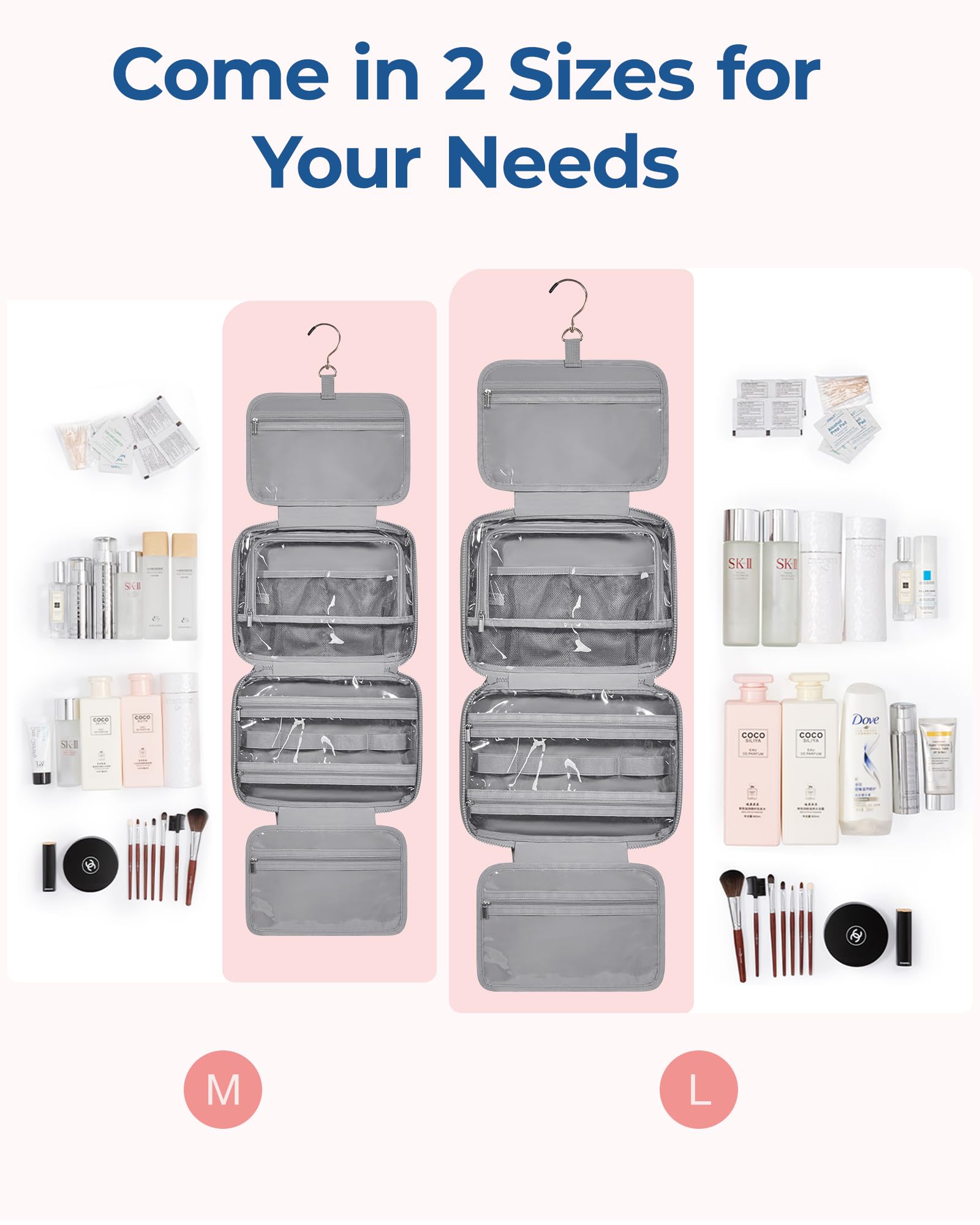 BAGSMART Travel Toiletry Bag with Jewelry Organizer, Puffy Makeup Cosmetic Bag with Hanging Hook for Toiletries Accessories Essentials, Women & Men, Large Size-Gray