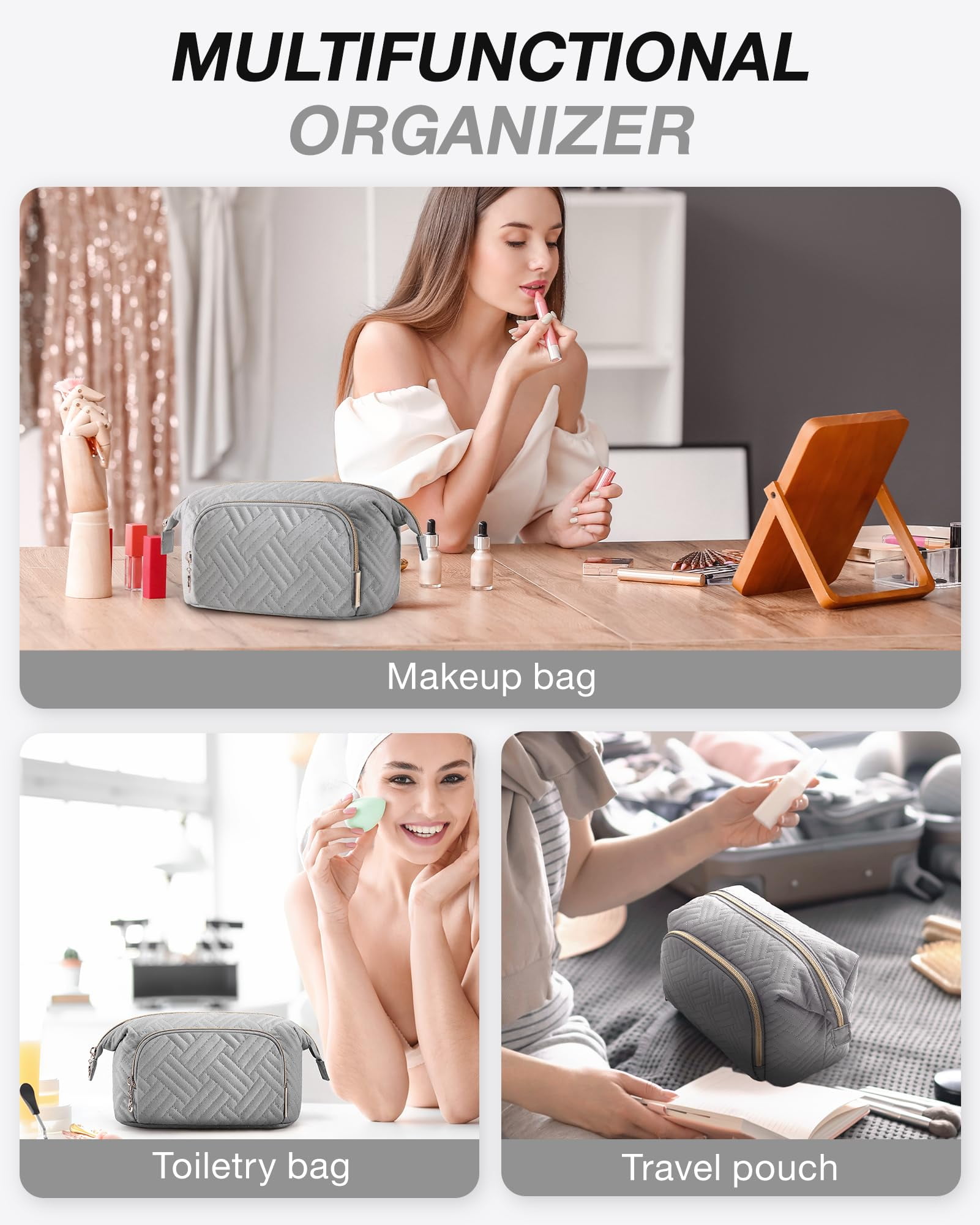 BAGSMART Large Size Makeup Bag Cosmetic Pouch, Travel Toiletry Bag Organizer Case for Lipsticks Electonic Accessories, Waterproof, Portable, Multifunction, Women and Girls, Gray