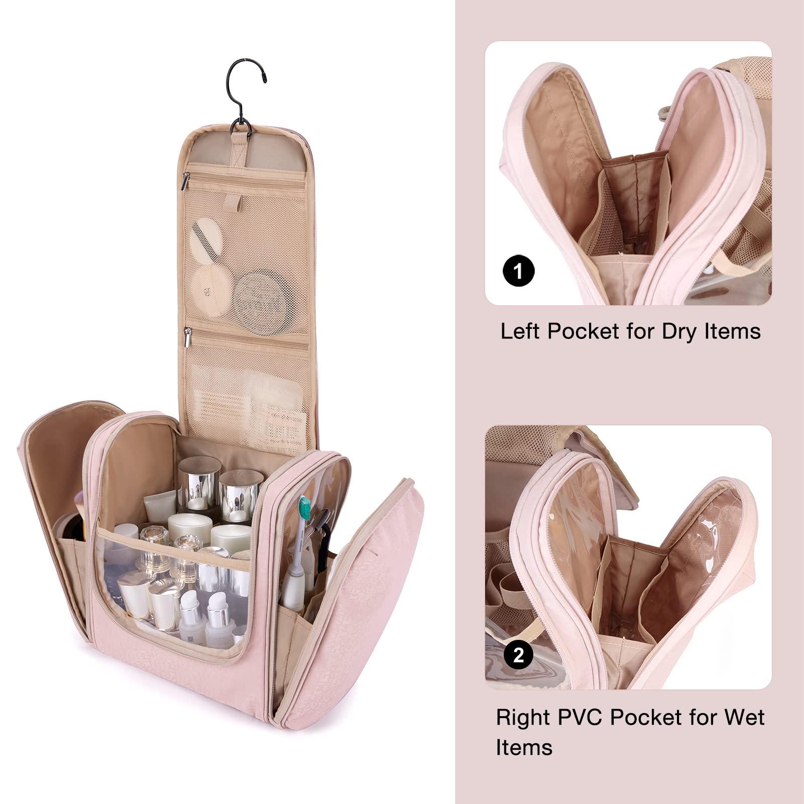 BAGSMART Extra Large Toiletry Bag Hanging Travel Makeup Cosmetic Bag, Water-resistant Large Capacity Travel Toiletries Organizer for Essentials, Women & Men, Baby Pink