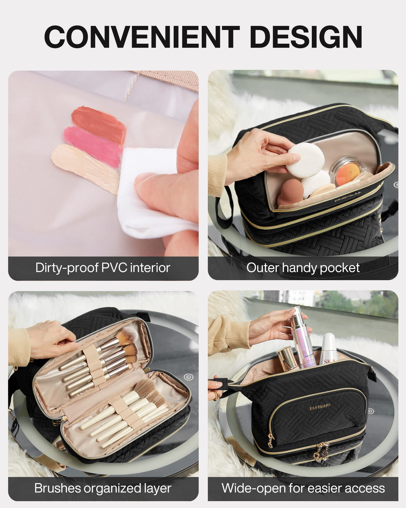 BAGSMART Double Layers Makeup Bag Cosmetic Pouch, Travel Toiletry Bag Organizer Case for Lipsticks Electonic Accessories, Waterproof, Portable, Multifunction, Women and Girls, Black