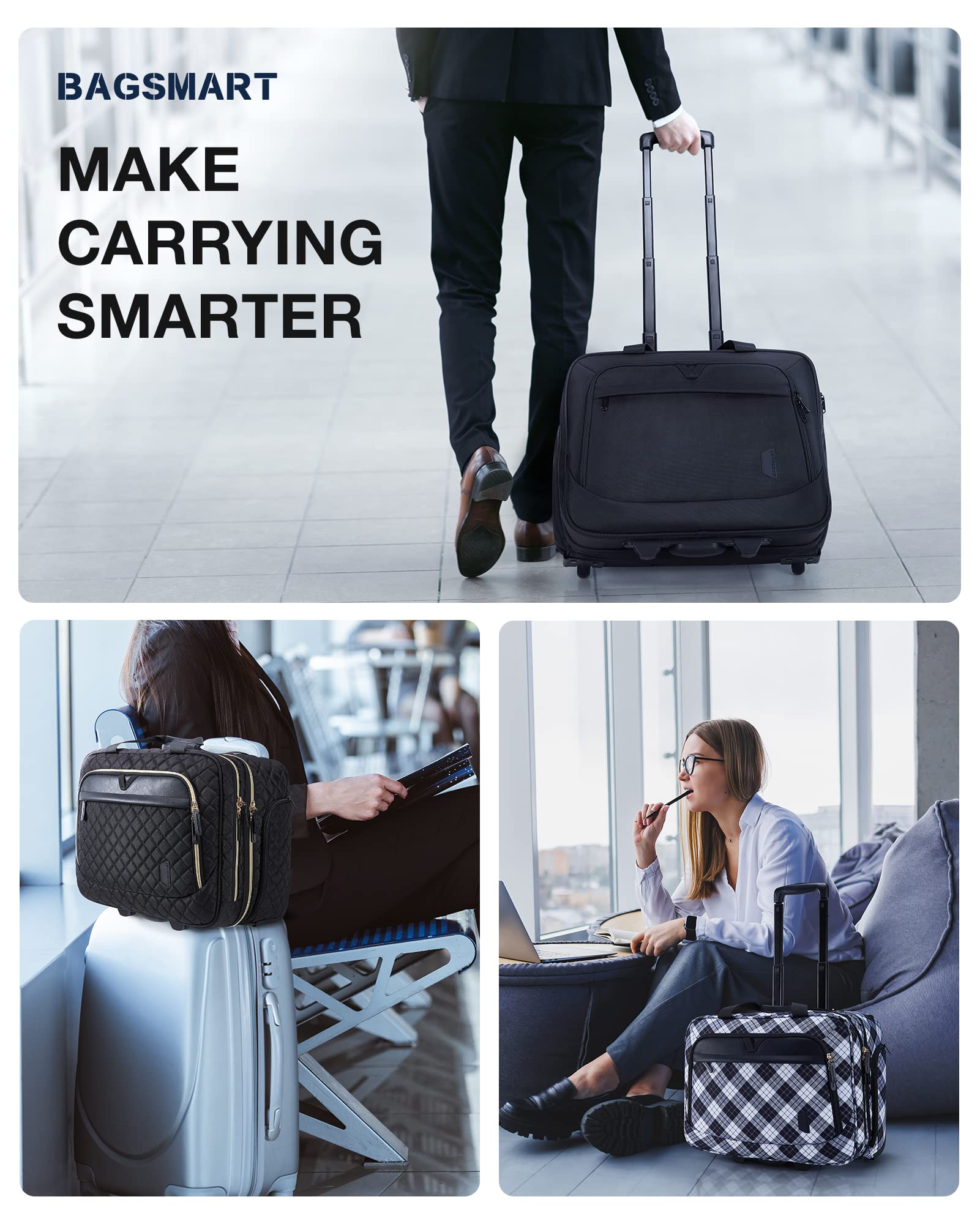 BAGSMART 17.3” Rolling Laptop Bag Briefcase, Computer Bag Laptop  Case Carry-on Luggage Bag with Wheels for Work Business Travel, Women & Men, Quilted Black