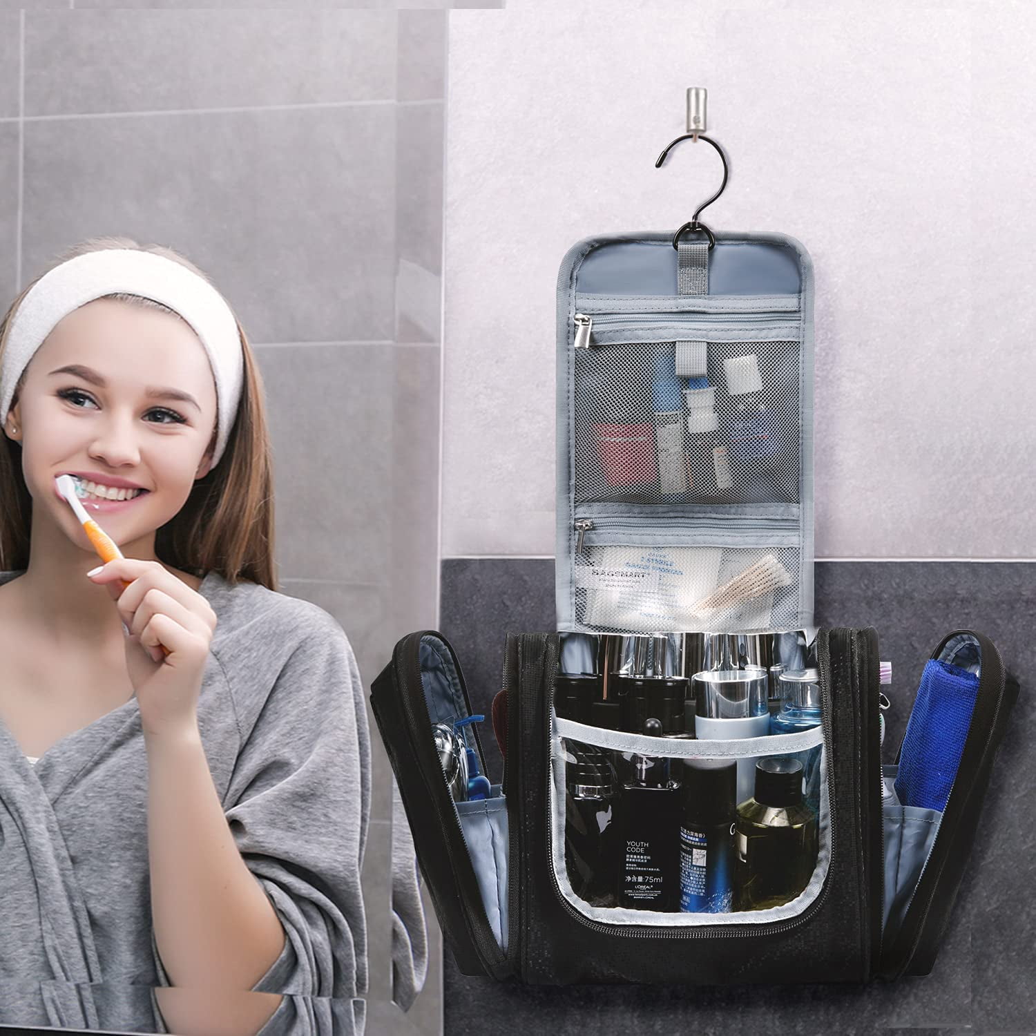 BAGSMART Extra Large Toiletry Bag Hanging Travel Makeup Cosmetic Bag, Water-resistant Large Capacity Travel Toiletries Organizer for Essentials, Women & Men, Medium Size-Black