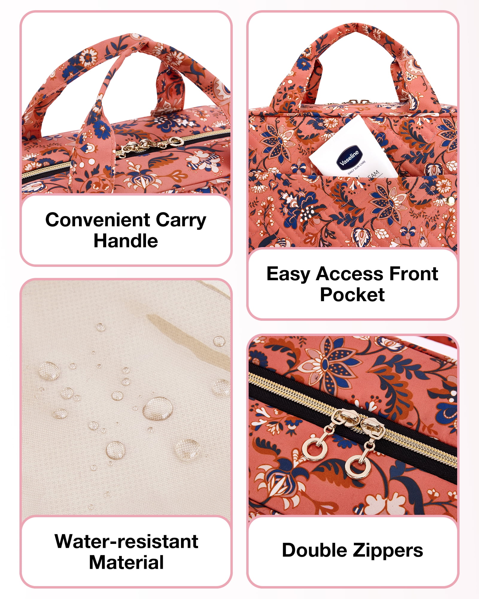 BAGSMART Large Toiletry Bag Travel Bag with Hanging Hook, Makeup Cosmetic Bag Travel Toiletries Organizer for Women Men, Water-resistant Full Sized Container, Red Floral