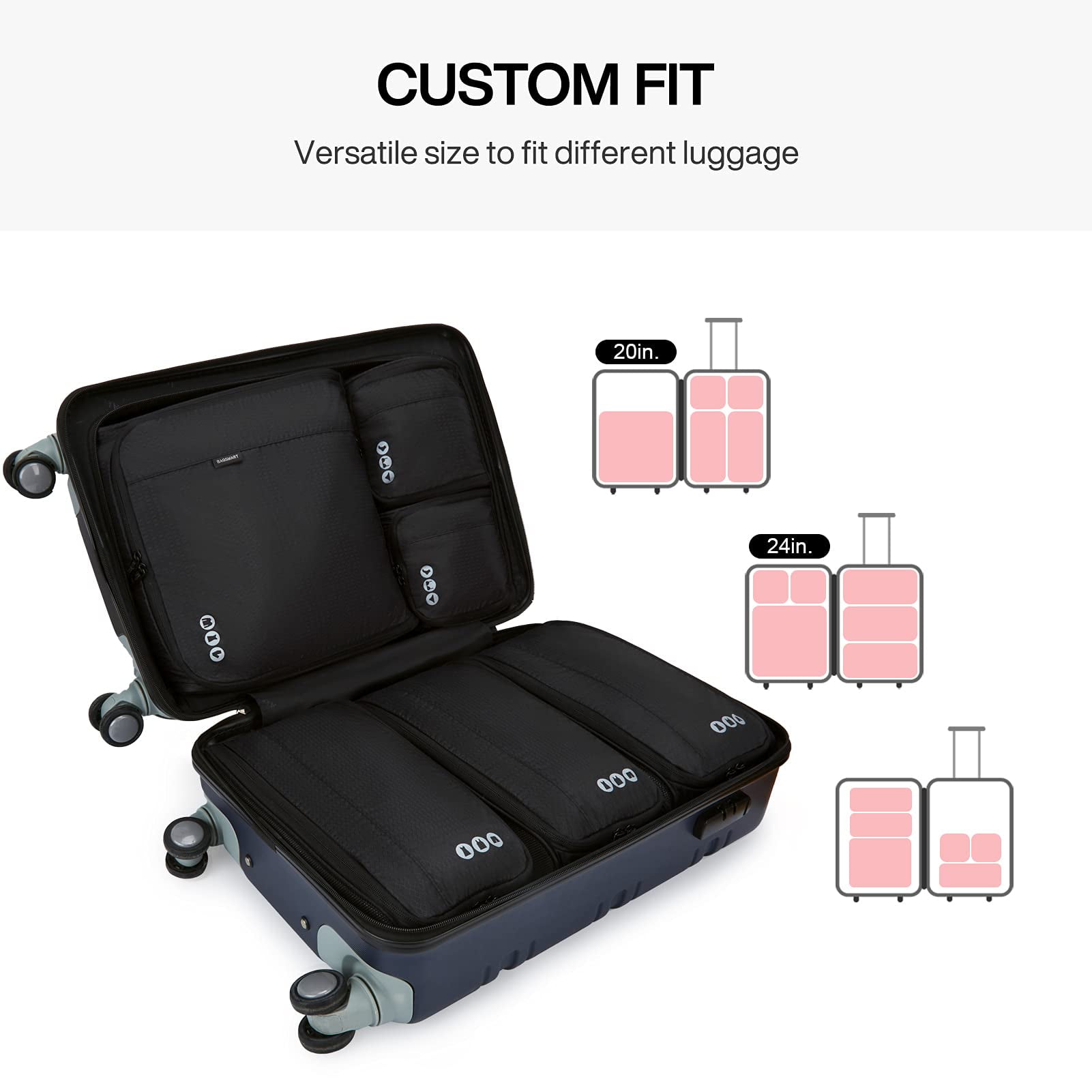 BAGSMART 6 Piece Packing Cubes Set for Travel, Suitcases Packing Organizers, Lightweight Luggage Storage Bags for Men Women, Black