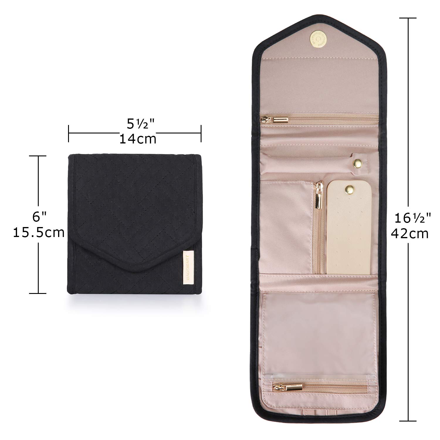 BAGSMART Travel Jewelry Organizer Storage Roll Foldable Jewelry Case Bag for Earrings, Journey-Rings, Necklaces, Bracelets, Brooches, Basic Size, Black
