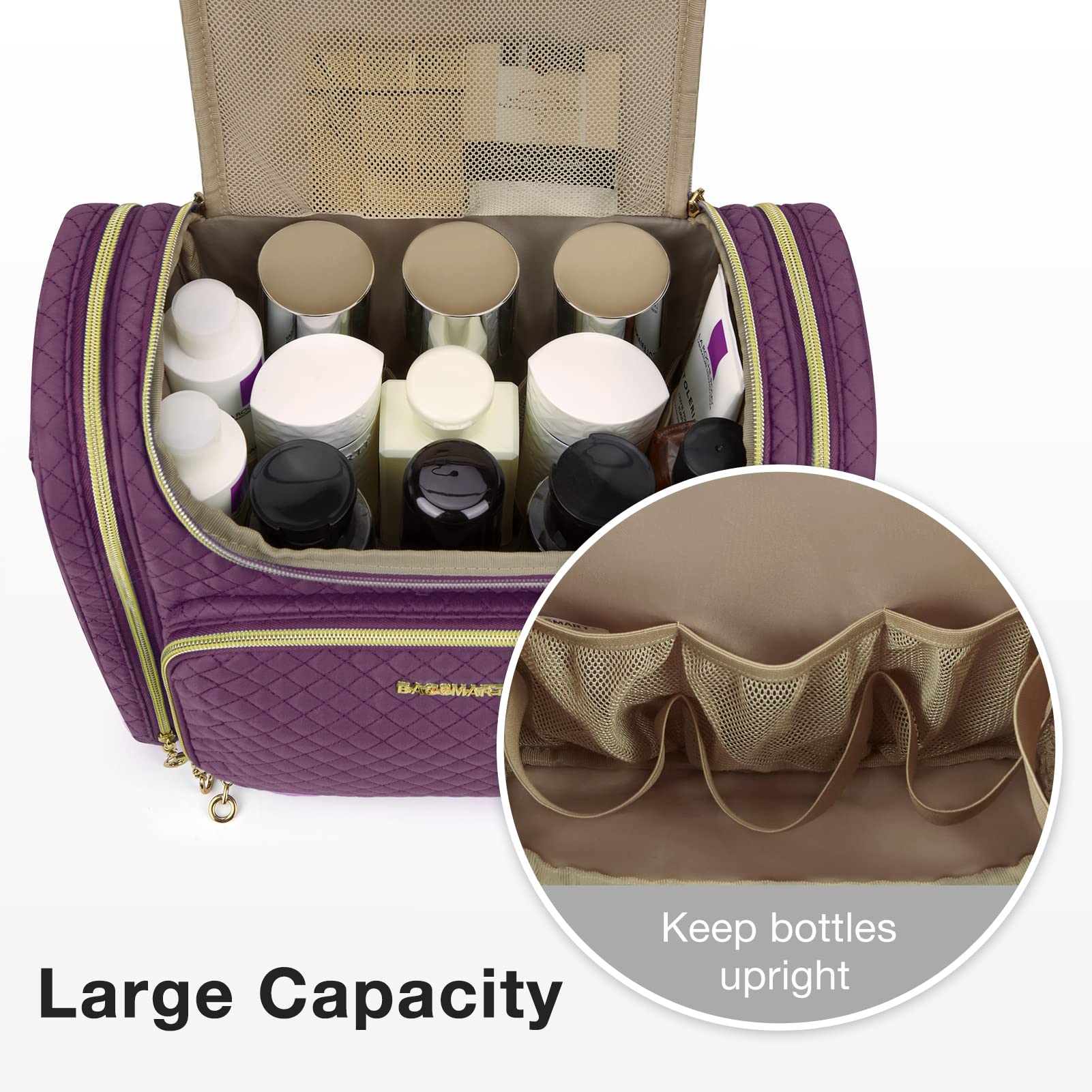 BAGSMART Large Capacity Travel Toiletry Bag, Water-resistant Makeup Cosmetic Bag with Hanging Hook, Travel Toiletries Accessories Organizer Essentials, Full Sized Container, Purple