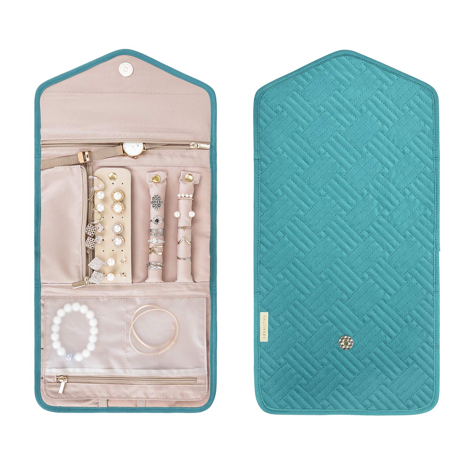 BAGSMART Travel Jewelry Organizer Storage Roll Foldable Jewelry Case Bag for Earrings, Journey-Rings, Necklaces, Bracelets, Brooches, Medium Size, Teal