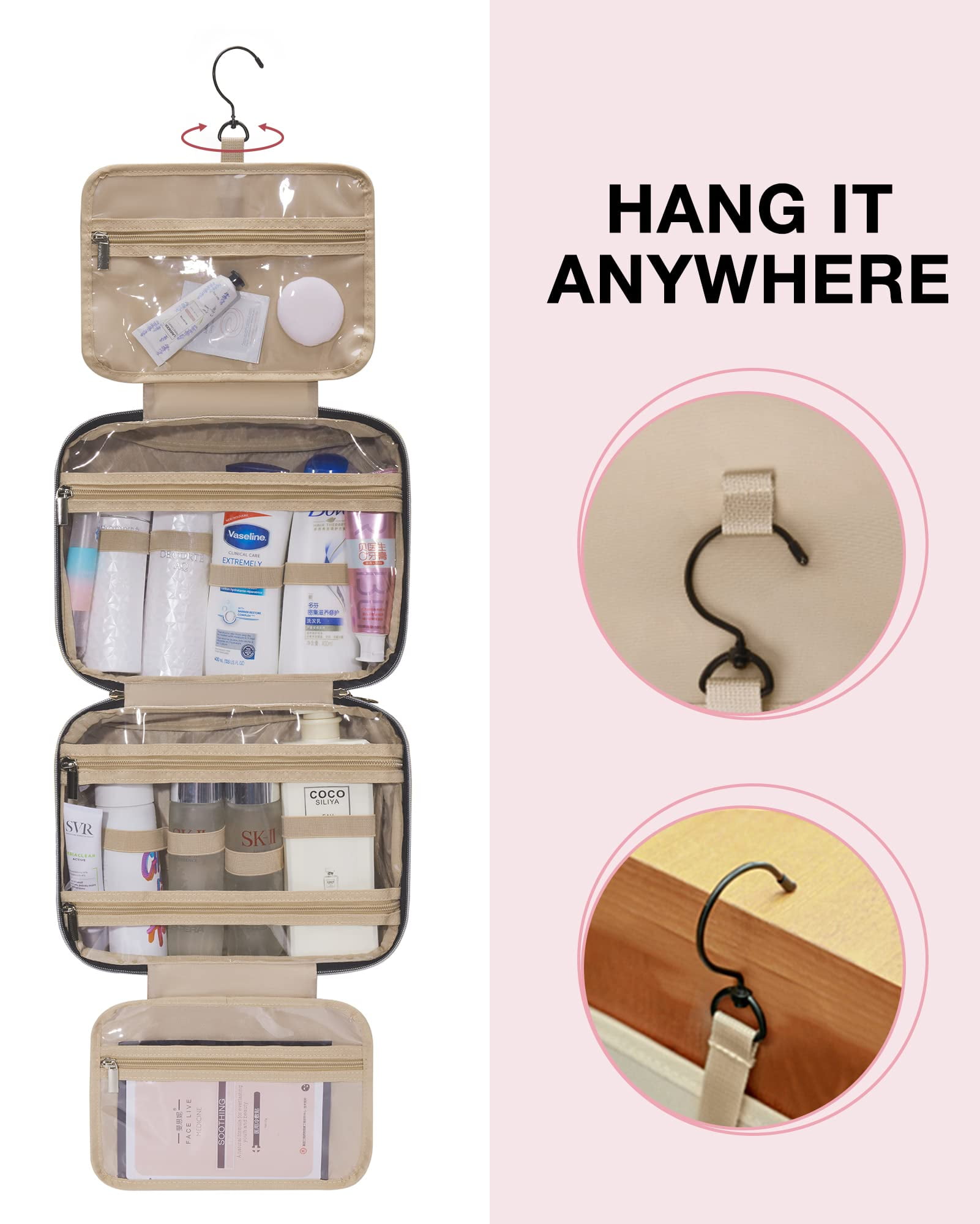 BAGSMART Large Toiletry Bag Travel Bag with Hanging Hook, Makeup Cosmetic Bag Travel Toiletries Organizer for Women Men, Water-resistant Full Sized Container, Red Floral