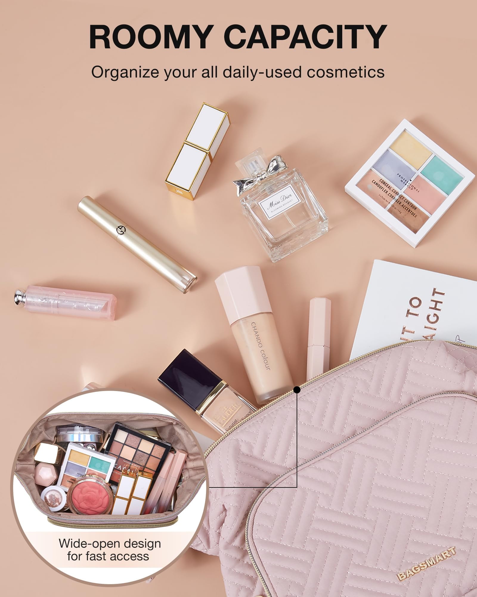 BAGSMART Large Size Makeup Bag Cosmetic Pouch, Travel Toiletry Bag Organizer Case for Lipsticks Electonic Accessories, Waterproof, Portable, Multifunction, Women and Girls, Pink