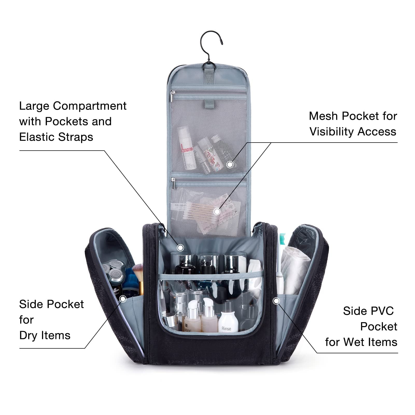 BAGSMART Extra Large Toiletry Bag Hanging Travel Makeup Cosmetic Bag, Water-resistant Large Capacity Travel Toiletries Organizer for Essentials, Women & Men, Black