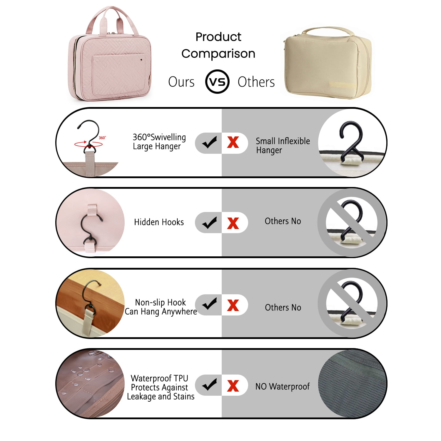 BAGSMART Full Size Toiletry Bag, Makeup Cosmetic Bag with Hanging Hook, Water-resistant Travel Organizer Bag for Women, Pink