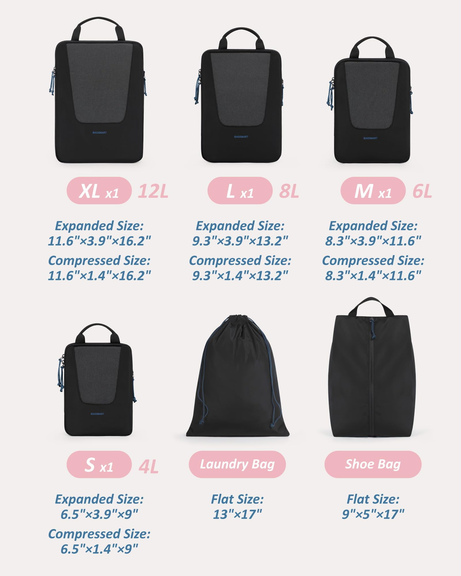 BAGSMART Compression Packing Cubes for Travel Luggage, 6 Piece Expandable Foldable Lightweight Suitcase Organizers Bags Set for Travel Accessories Essentials, Black