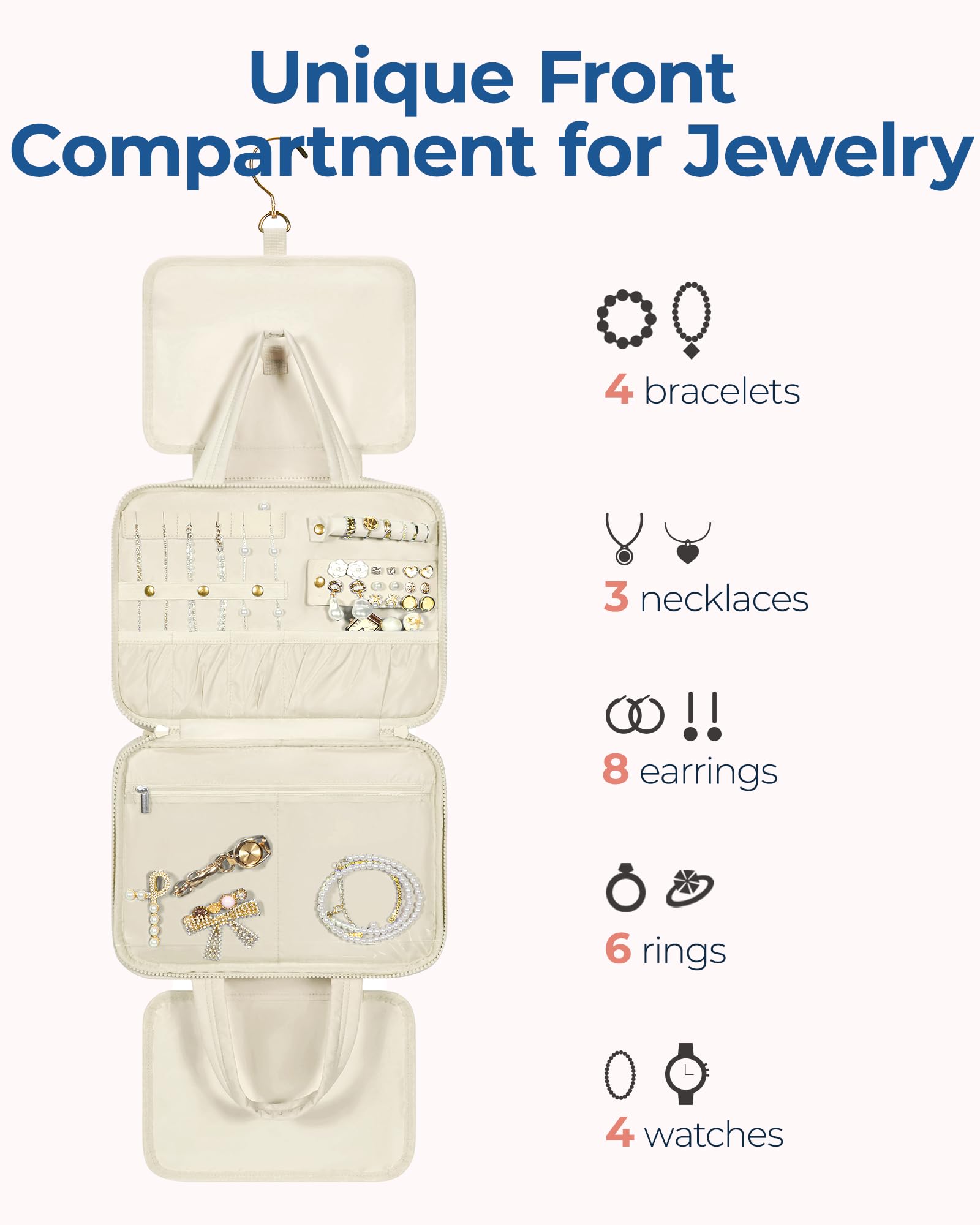 BAGSMART Travel Toiletry Bag with Jewelry Organizer, Puffy Makeup Cosmetic Bag with Hanging Hook for Toiletries Accessories Essentials, Women & Men, Medium Size-Beige