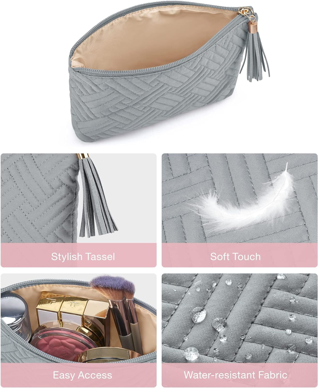 BAGSMART Makeup Bag Small Cosmetic Pouch Toiletry Bag Travel Organizer Case for Lipsticks Electonic Accessories, Waterproof, Portable, Multifunction, Women and Girls, 1 Pcs Gray