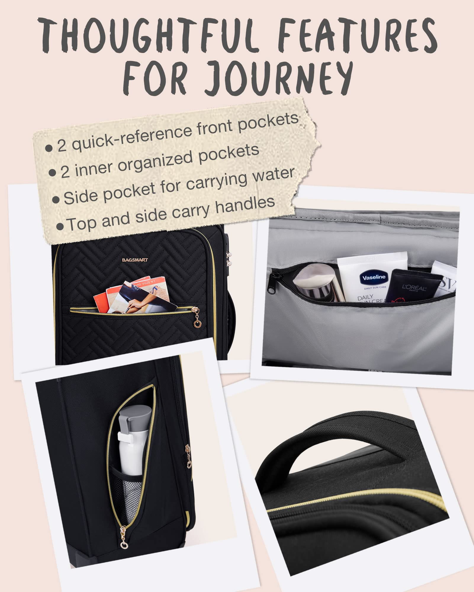 BAGSMART Softside Carry On Luggage Expandable Suitcase, 21 Inch Lightweight Checked Luggage Airline Approved Rolling Suitcases with Spinner Wheels & TSA Lock, Front Pocket for Women Men, Black