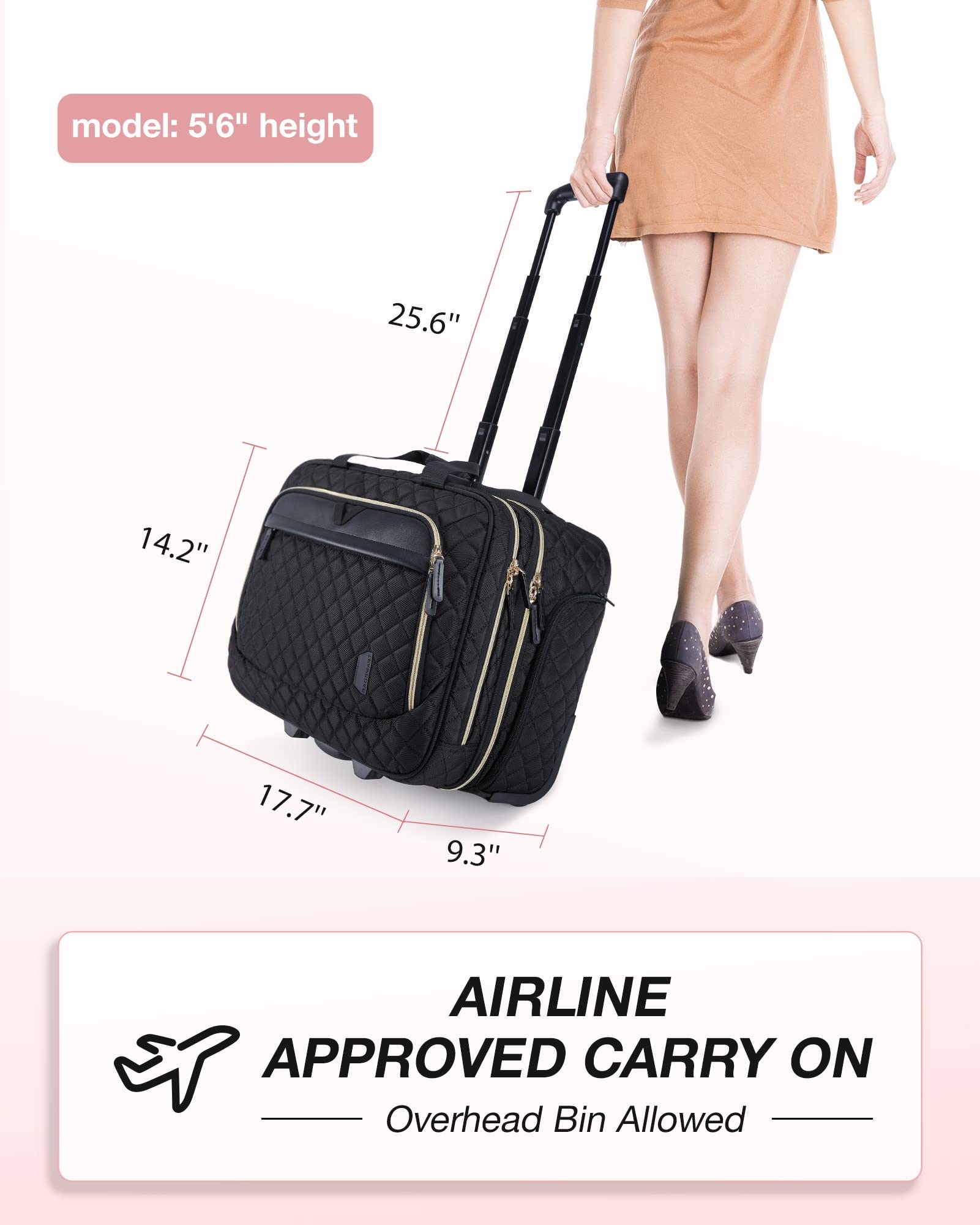 BAGSMART 17.3” Rolling Laptop Bag Briefcase, Computer Bag Laptop  Case Carry-on Luggage Bag with Wheels for Work Business Travel, Women & Men, Quilted Black